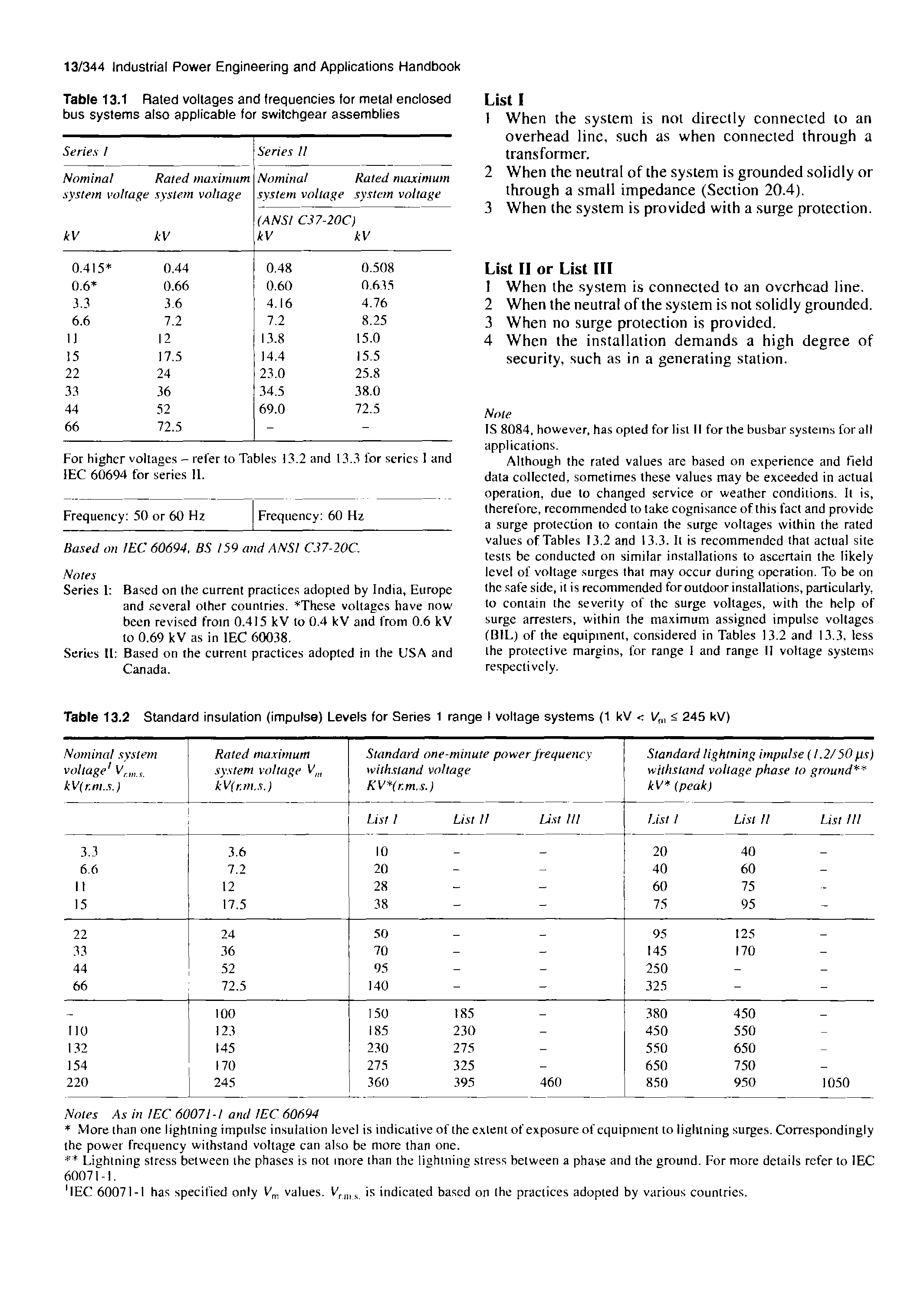 Table 13.2 Standard insulation (impulse) Levels for Series 1 range I voltage systems (1 kV < l/, < 245 kV)...