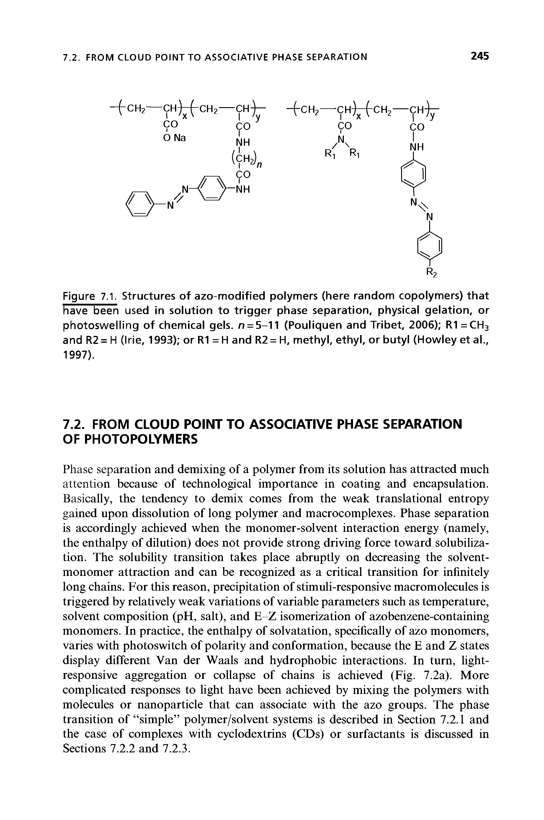 Figure 7.1. Structures of azo-modified polymers (here random copolymers) that have been used in solution to trigger phase separation, physical gelation, or photoswelling of chemical gels. n = 5-11 (Pouliquen and Tribet, 2006) RI =CH3 and R2 = H (Irie, 1993) or RI = H and R2 = H, methyl, ethyl, or butyl (Howley et al., 1997).