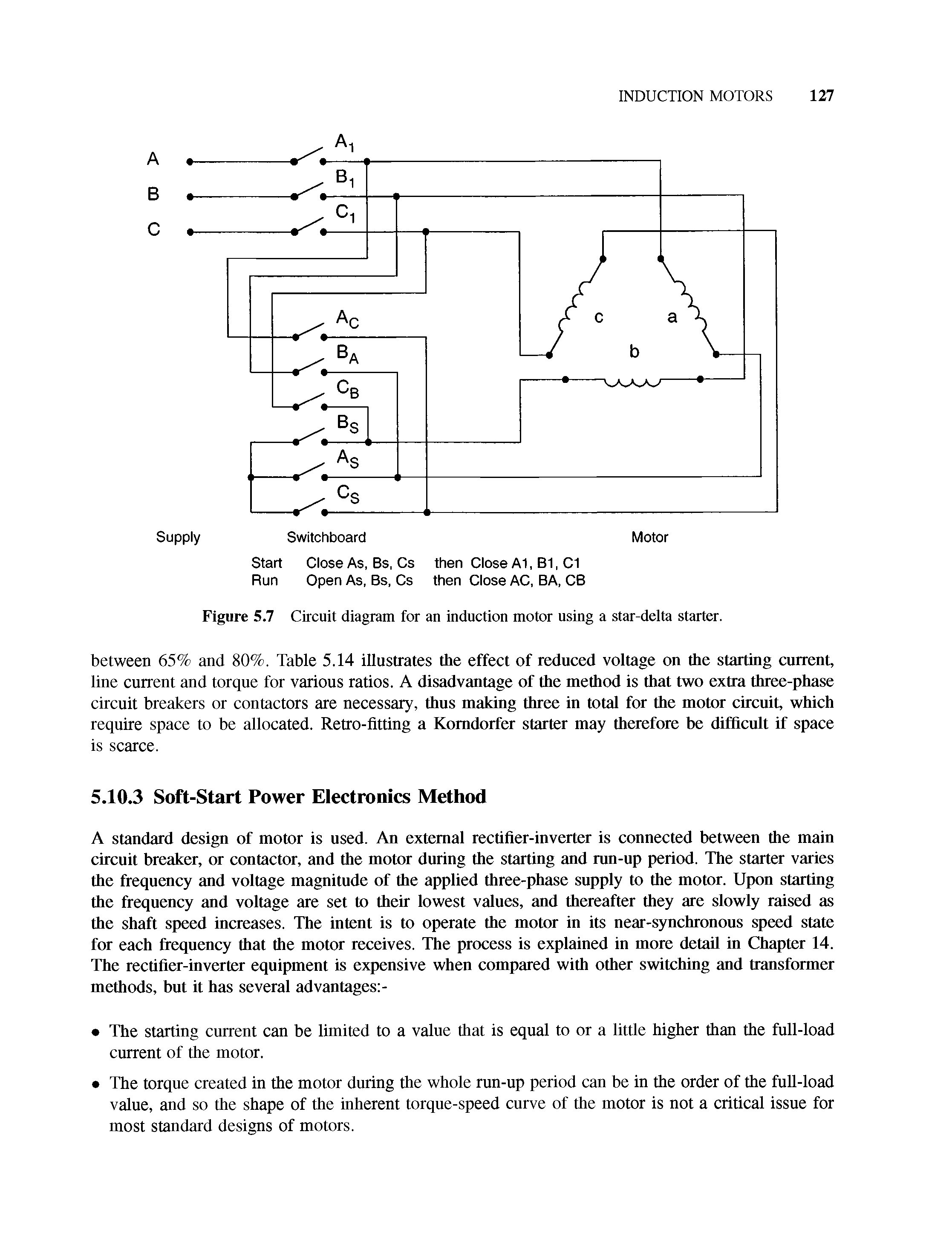 Figure 5.7 Circuit diagram for an induction motor using a star-delta starter.