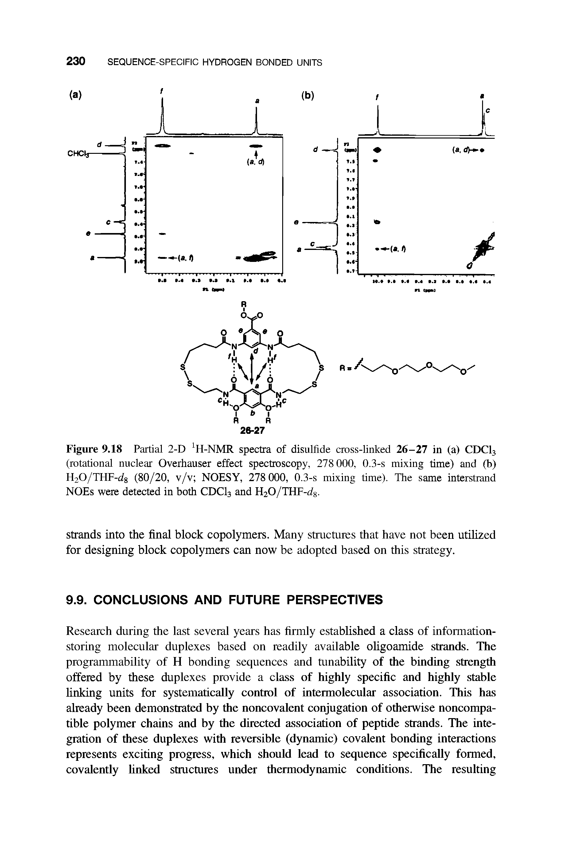 Figure 9.18 Partial 2-D H-NMR spectra of disulfide cross-linked 26-27 in (a) CDCI3 (rotational nuclear Overhauser effect spectroscopy, 278 000, 0.3-s mixing time) and (b) H20/THF-(7g (80/20, v/v NOESY, 278 000, 0.3-s mixing time). The same interstrand NOEs were detected in both CDCI3 and H20/THF-ii8.