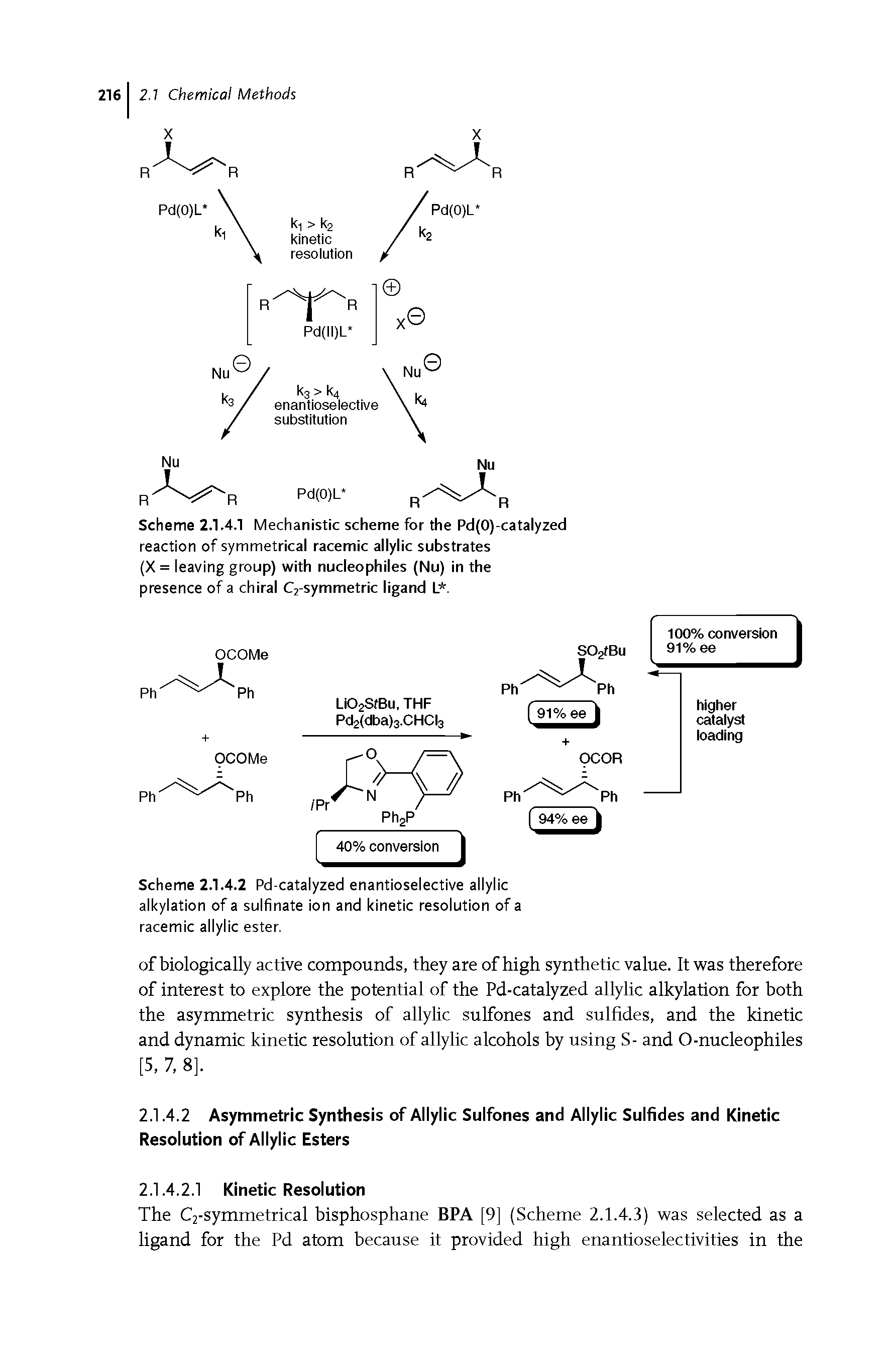 Scheme 2.1.4.2 Pd-catalyzed enantioselective allylic alkylation of a sulfinate ion and kinetic resolution of a racemic allylic ester.