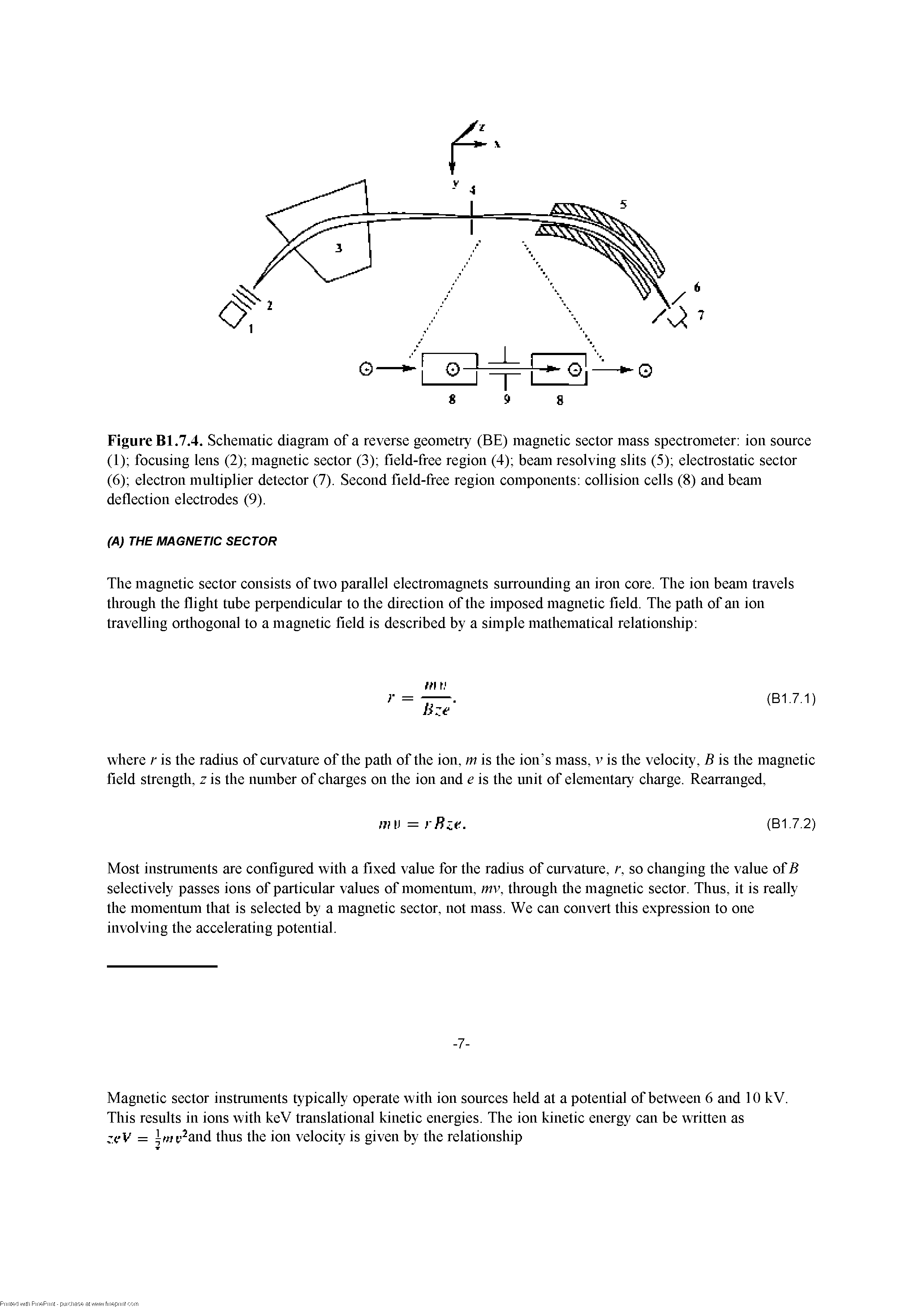 Figure Bl.7.4. Schematic diagram of a reverse geometry (BE) magnetic sector mass spectrometer ion source (1) focusing lens (2) magnetic sector (3) field-free region (4) beam resolving slits (5) electrostatic sector (6) electron multiplier detector (7). Second field-free region components collision cells (8) and beam deflection electrodes (9).