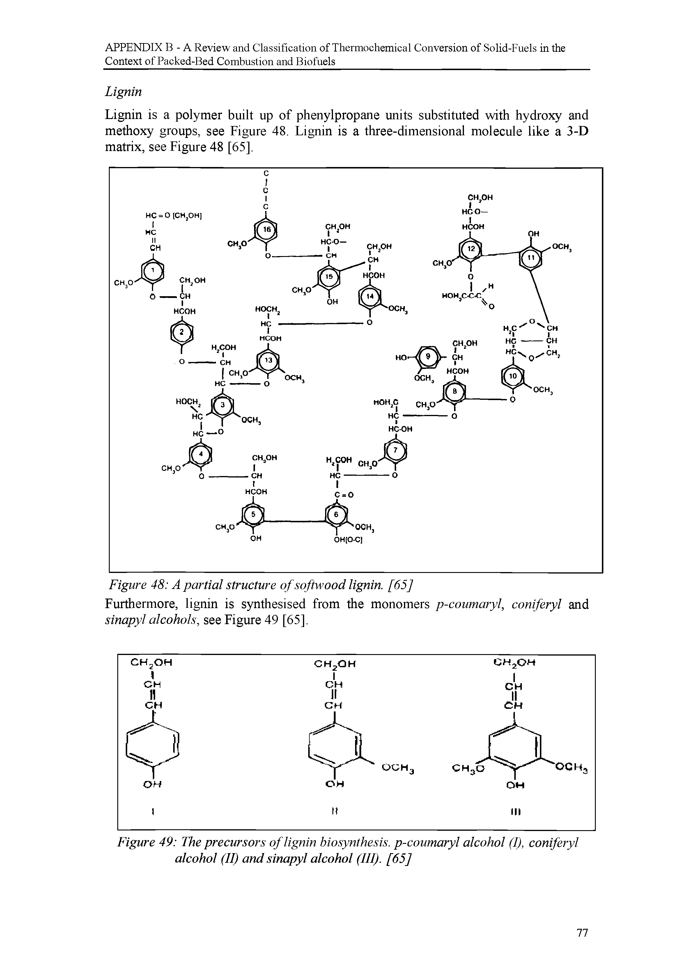 Figure 49 The precursors of lignin biosynthesis, p-coumaryl alcohol (I), coniferyl alcohol (II) and sinapyl alcohol (III). [65]...