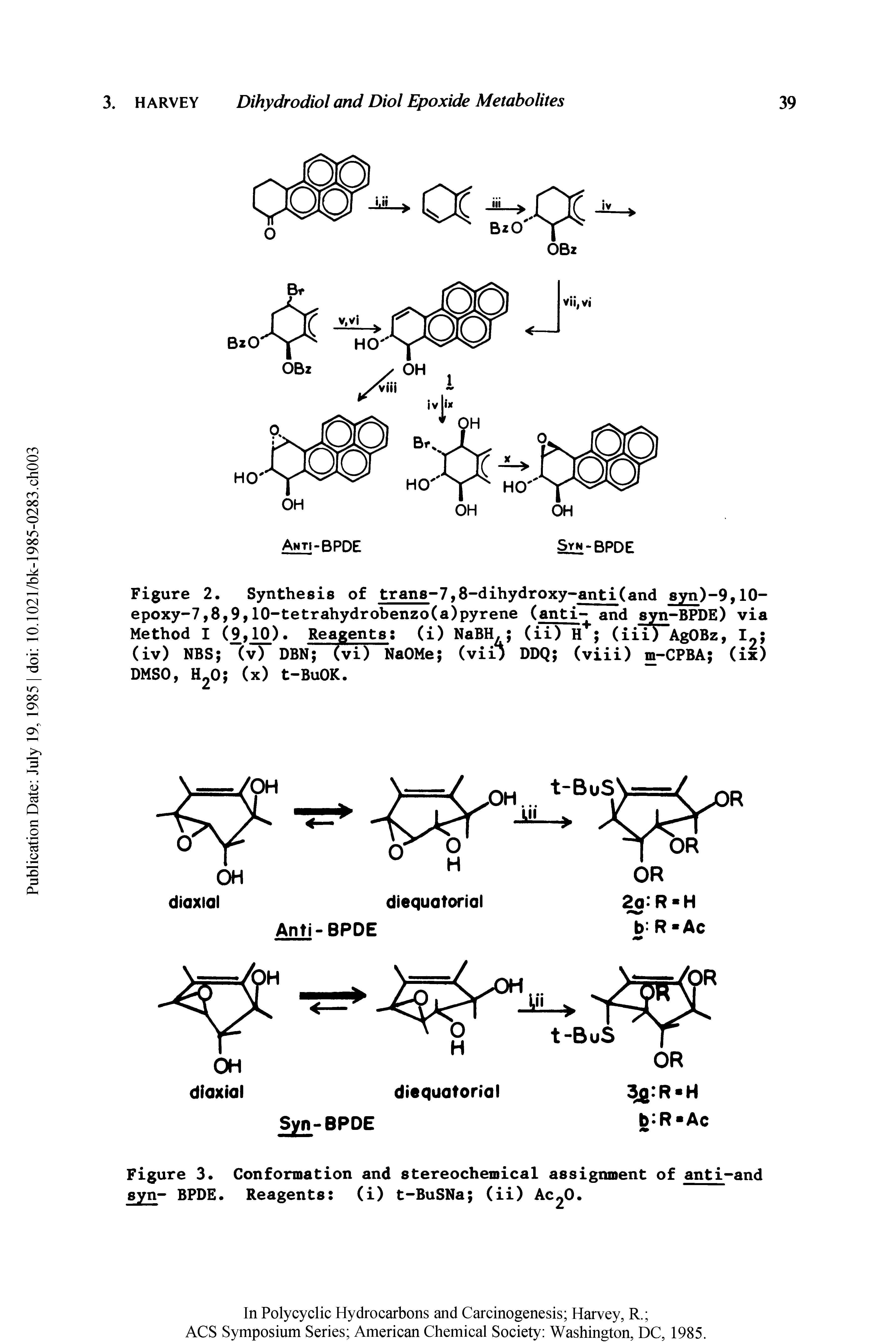 Figure 3. Conformation and stereochemical assignment of anti-and syn- BPDE. Reagents (i) t-BuSNa (ii) Ac20.