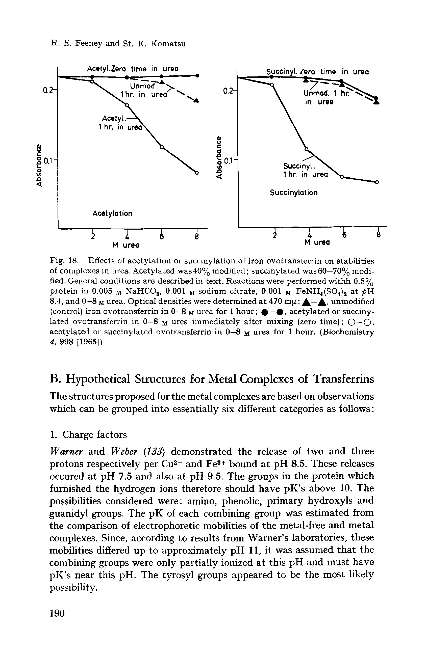 Fig. 18. Effects of acetylation or succinylation of iron ovotransferrin on stabilities of complexes in urea. Acetylated was40% modified succinylated was60—70% modified. General conditions are described in text. Reactions were performed withh 0.5% protein in 0.005 m NaHCOs, 0.001 m sodium citrate, 0.001 m FeNH4(S04)2 at pH 8.4, and 0—8 m urea. Optical densities were determined at 470 mp A — A. unmodified (control) iron ovotransferrin in 0—8 m urea for 1 hour —, acetylated or succinylated ovotransferrin in 0—8 m urea immediately after mixing (zero time) O—O. acetylated or succinylated ovotransferrin in 0—8 m urea for 1 hour. (Biochemistry 4, 998 [1965]).
