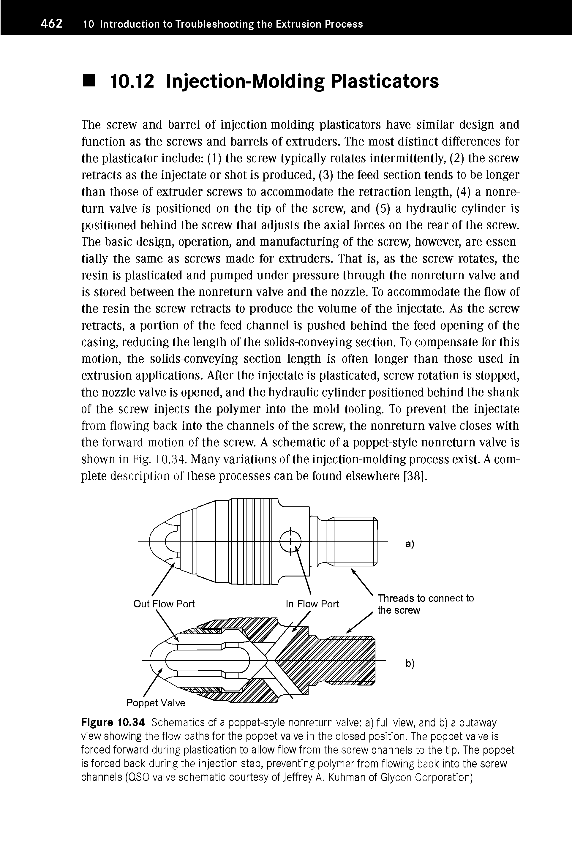 Figure 10.34 Schematics of a poppet-style nonreturn valve a) full view, and b) a cutaway view showing the flow paths for the poppet valve in the closed position. The poppet valve is forced forward during plastication to allow flow from the screw channels to the tip. The poppet is forced back during the injection step, preventing polymer from flowing back into the screw channels (QSO valve schematic courtesy of Jeffrey A. Kuhman of Glycon Corporation)...