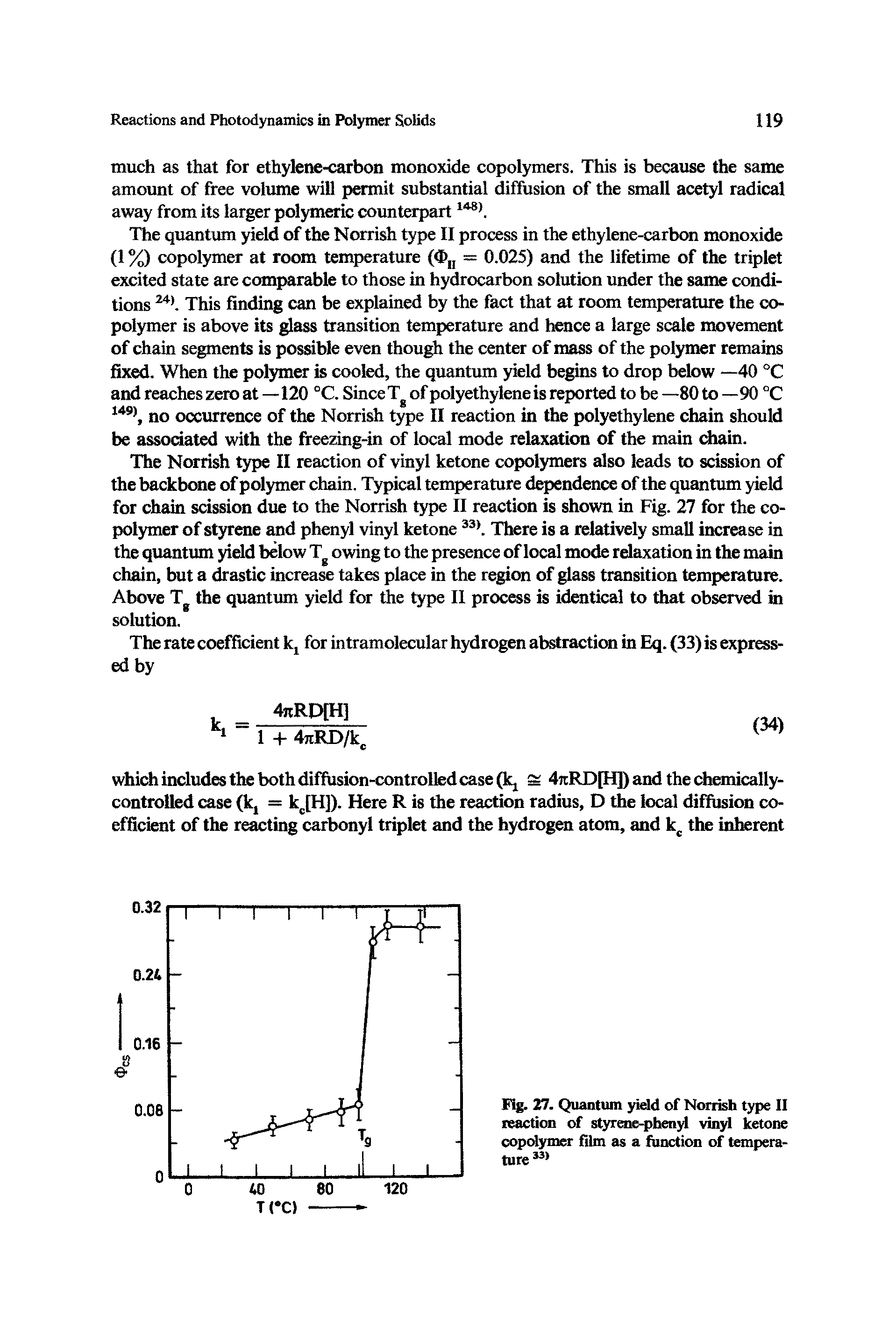 Fig. 27. Quantum yield of Norrish type II reaction of styren phenyl vinyl ketone copolynKr film as a function of temperature ...
