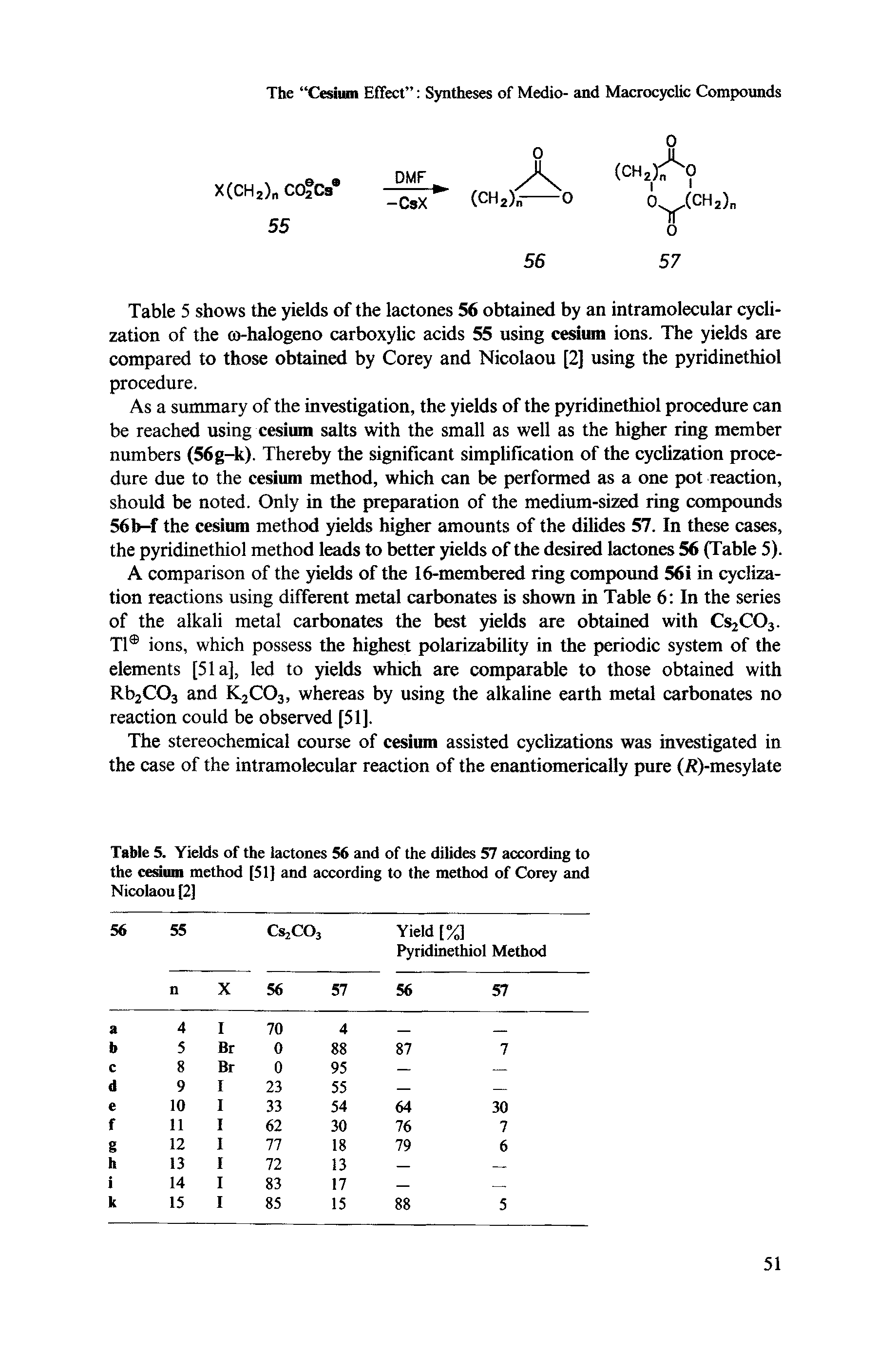 Table 5. Yields of the lactones 56 and of the dilides 57 according to the cesium method [51] and according to the method of Corey and Nicolaou [2]...