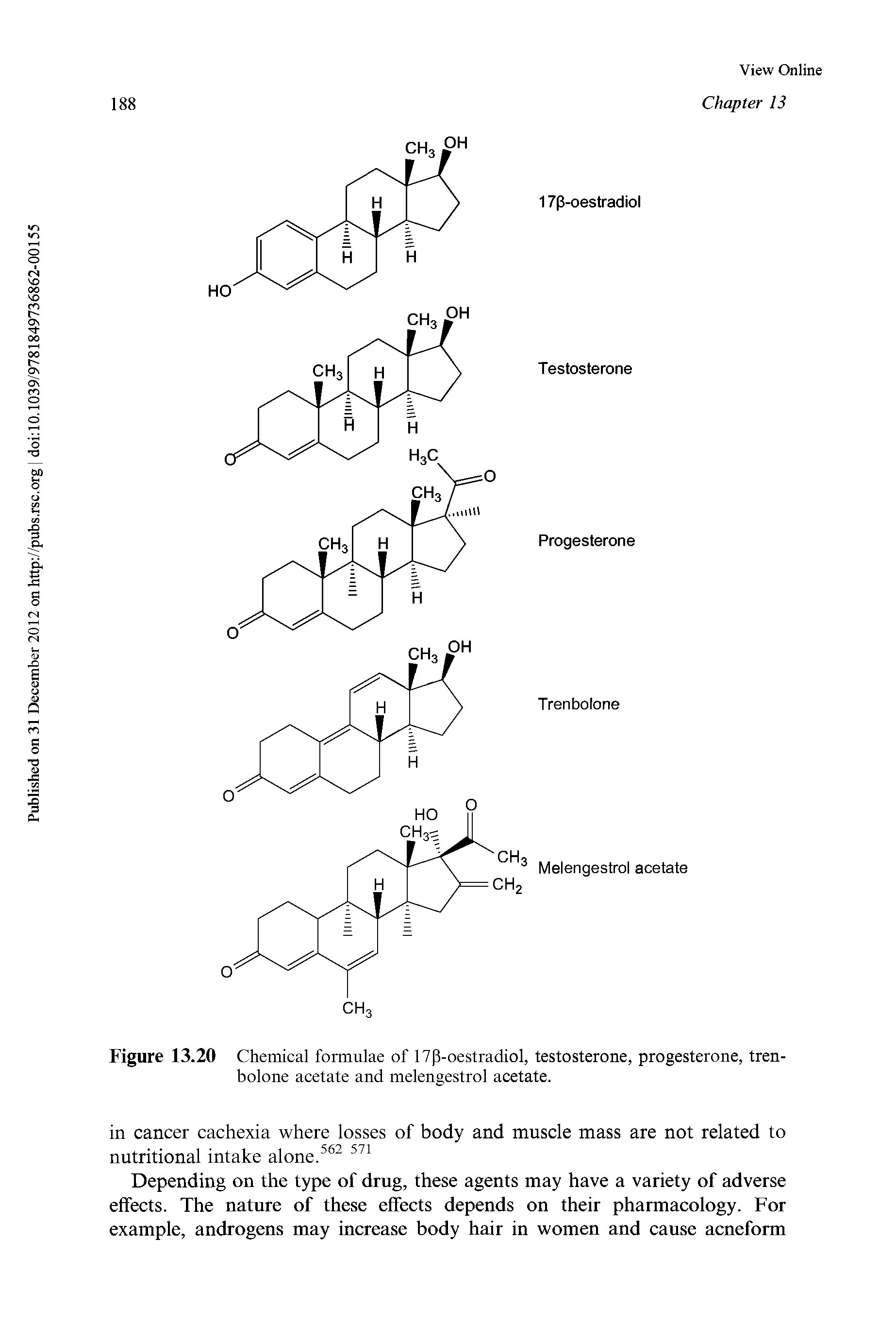 Figure 13.20 Chemical formulae of 17P-oestradiol, testosterone, progesterone, trenbolone acetate and melengestrol acetate.