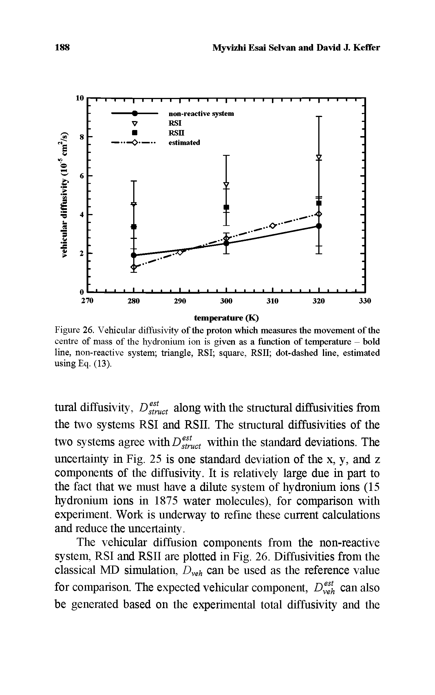 Figure 26. Vehicular diffusivity of the proton which measures the movement of the centre of mass of the hydronium ion is given as a function of temperature — bold line, non-reactive system triangle, RSI square, RSII dot-dashed line, estimated using Eq. (13).