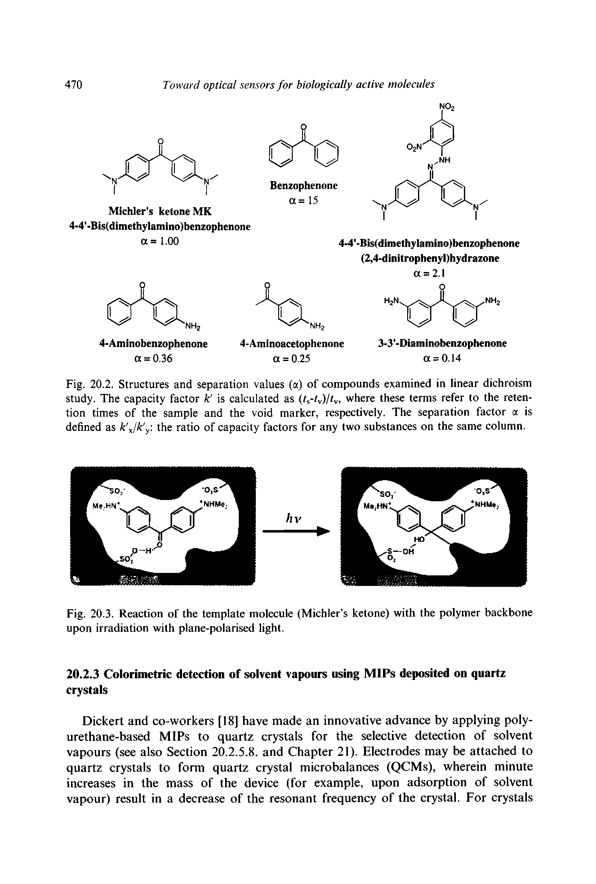 Fig. 20.2. Structures and separation values (a) of compounds examined in linear dichroism study. The capacity factor k is calculated as (ts-O/tv, where these terms refer to the retention times of the sample and the void marker, respectively. The separation factor a is defined as k Jk y. the ratio of capacity factors for any two substances on the same column.