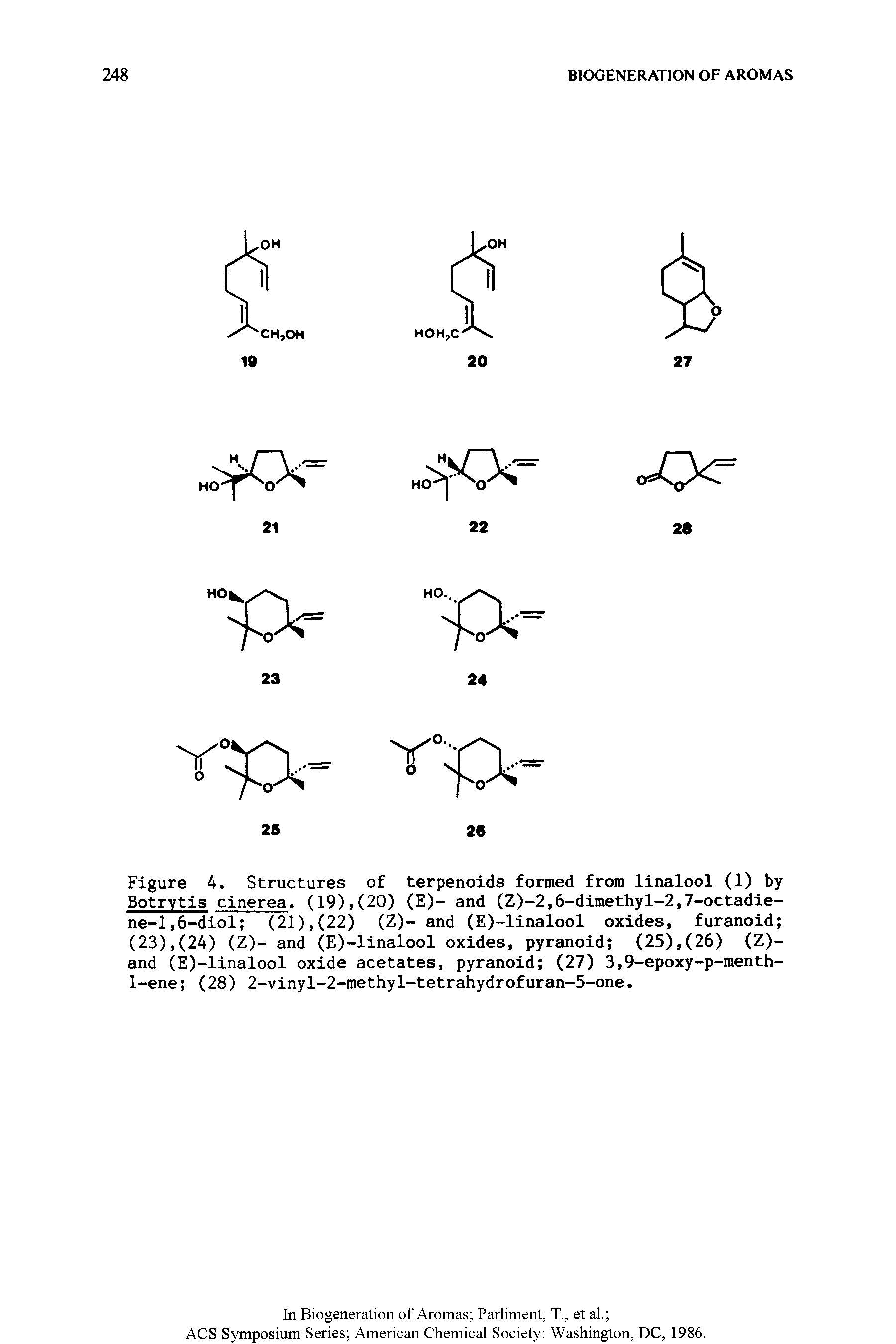 Figure 4. Structures of terpenoids formed from linalool (1) by Botrytis cinerea. (19)>(20) (E)- and (Z)-2,6-dimethyl-2,7-octadie-ne-l,6-diol (21),(22) (Z)- and (E)-linalool oxides, furanoid (23),(24) (Z)- and (E)-linalool oxides, pyranoid (25),(26) (Z)-and (E)-linalool oxide acetates, pyranoid (27) 3,9-epoxy-p-menth-1-ene (28) 2-vinyl-2-methyl-tetrahydrofuran-5-one.