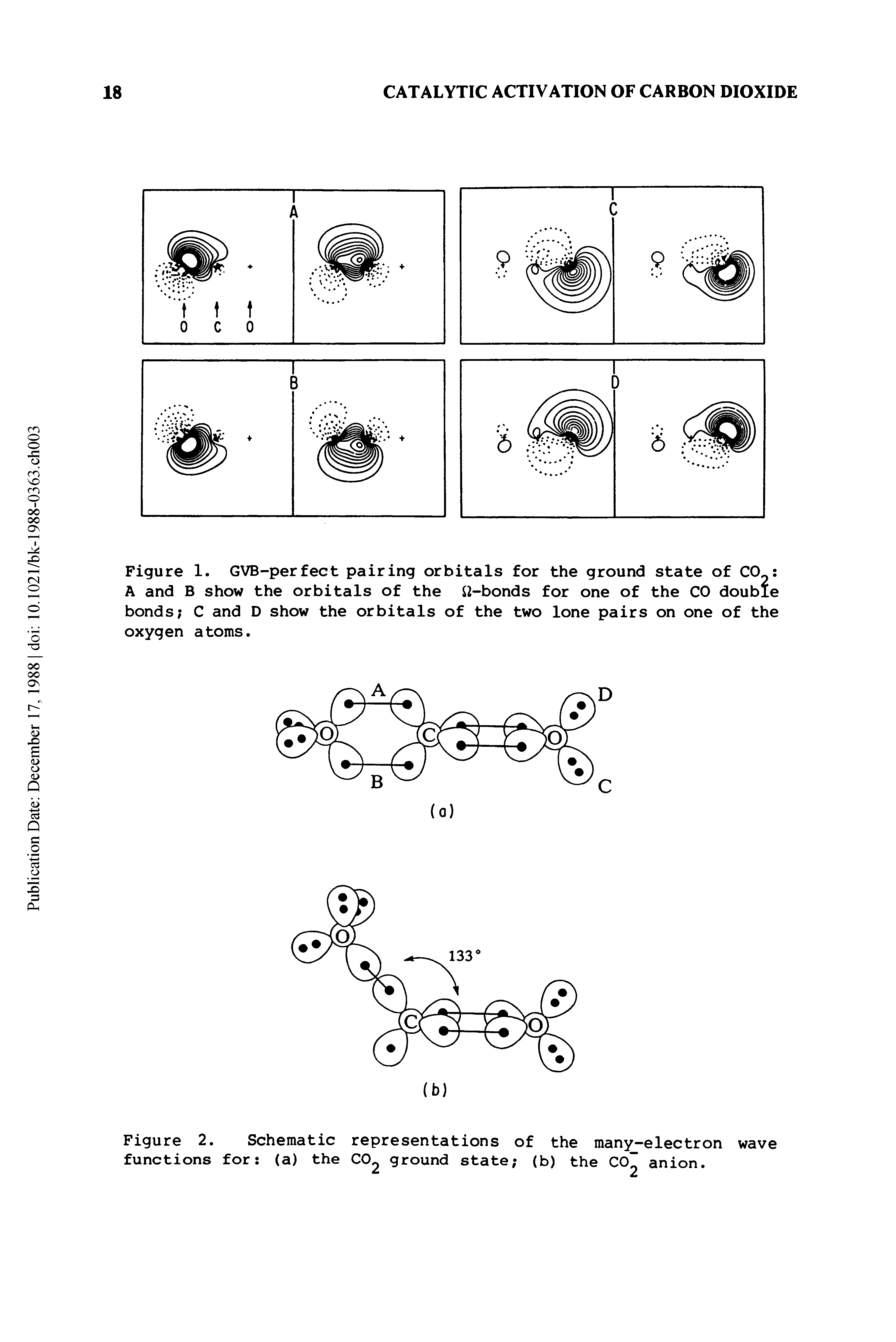 Figure 1. GVB-perfect pairing orbitals for the ground state of CO A and B show the orbitals of the 12-bonds for one of the CO double bonds C and D show the orbitals of the two lone pairs on one of the oxygen atoms.