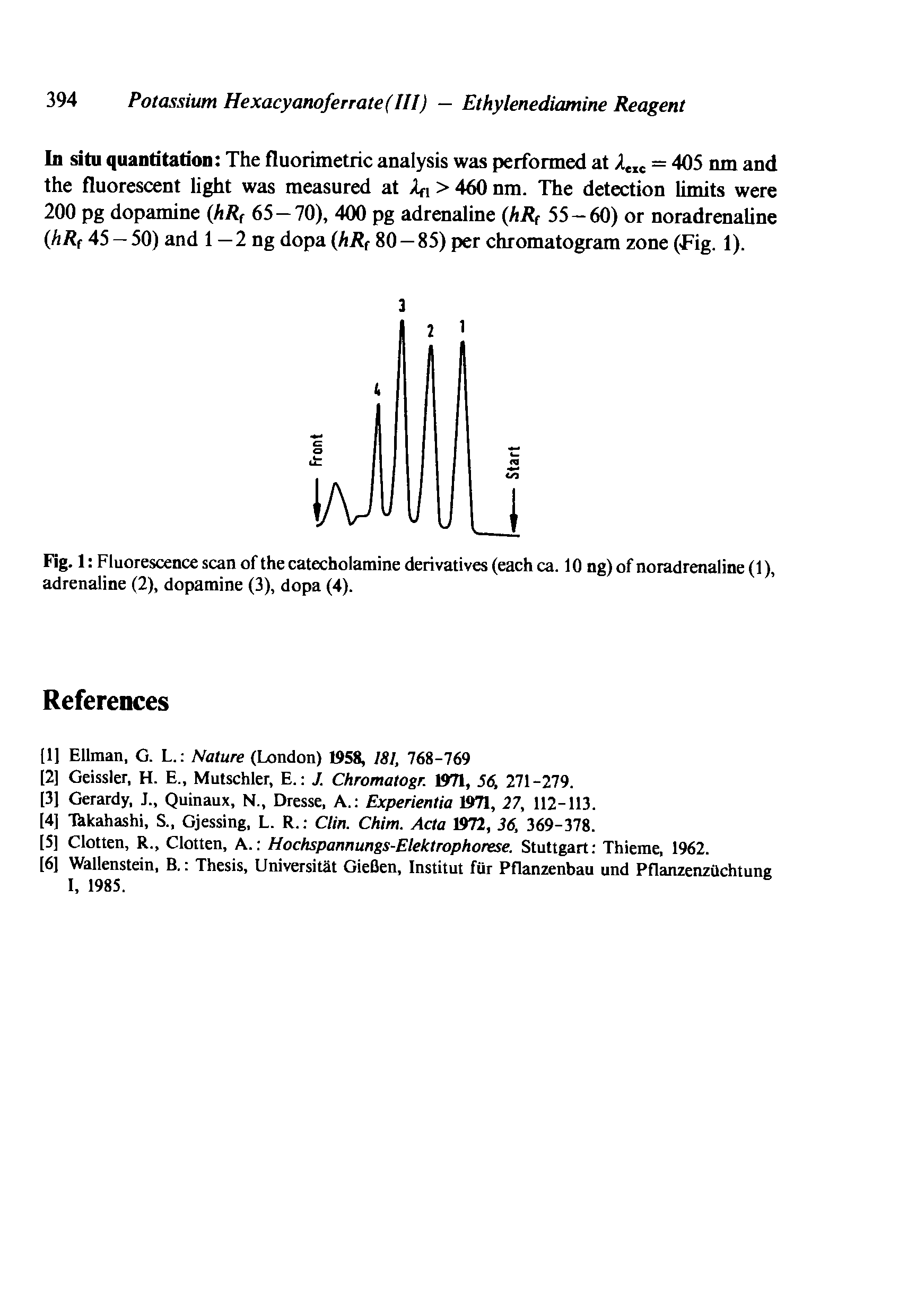 Fig. 1 Fluorescence scan of the catecholamine derivatives (each ca. 10 ng) of noradrenaline (1), adrenaline (2), dopamine (3), dopa (4).