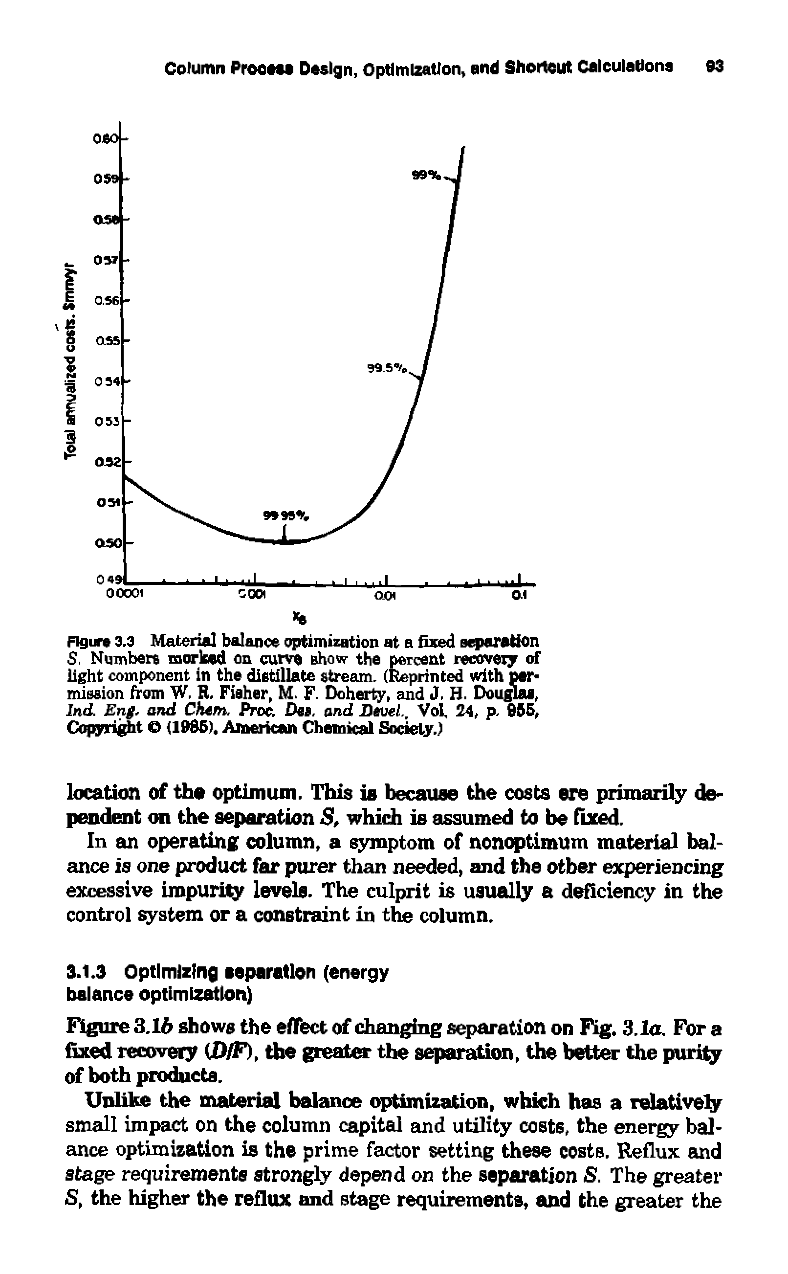 Figure 3.3 Material balance optimization at a fixed separation S, Numbers marked on curve show the percent recovery of light component in the distillate stream. (Reprinted with permission from W, R, Fiaher, M. F. Doherty, and J. H. Douglas, Ind. Eng. and Chan. Proc. Deg. and Deuel., Vol, 24, p. 805, Copyright (1985), American Chemical Society.)...