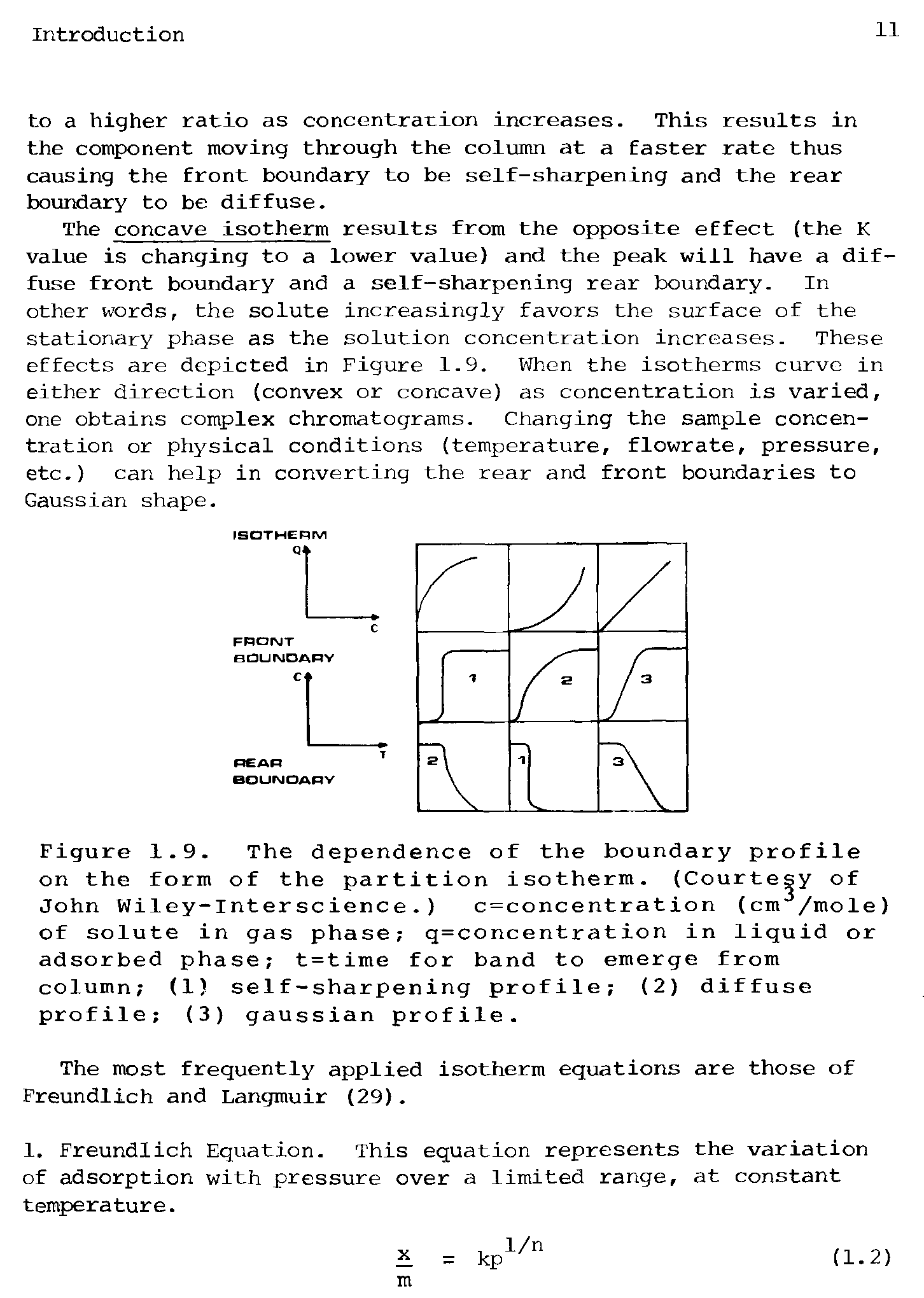 Figure 1.9. The dependence of the boundary profile on the form of the partition isotherm. (Courtesy of John Wiley-Interscience. ) c=concentration (cm 5/mole) of solute in gas phase q=concentration in liquid or adsorbed phase t=time for band to emerge from column (1) se1f-sharpening profile (2) diffuse profile (3) gaussian profile.