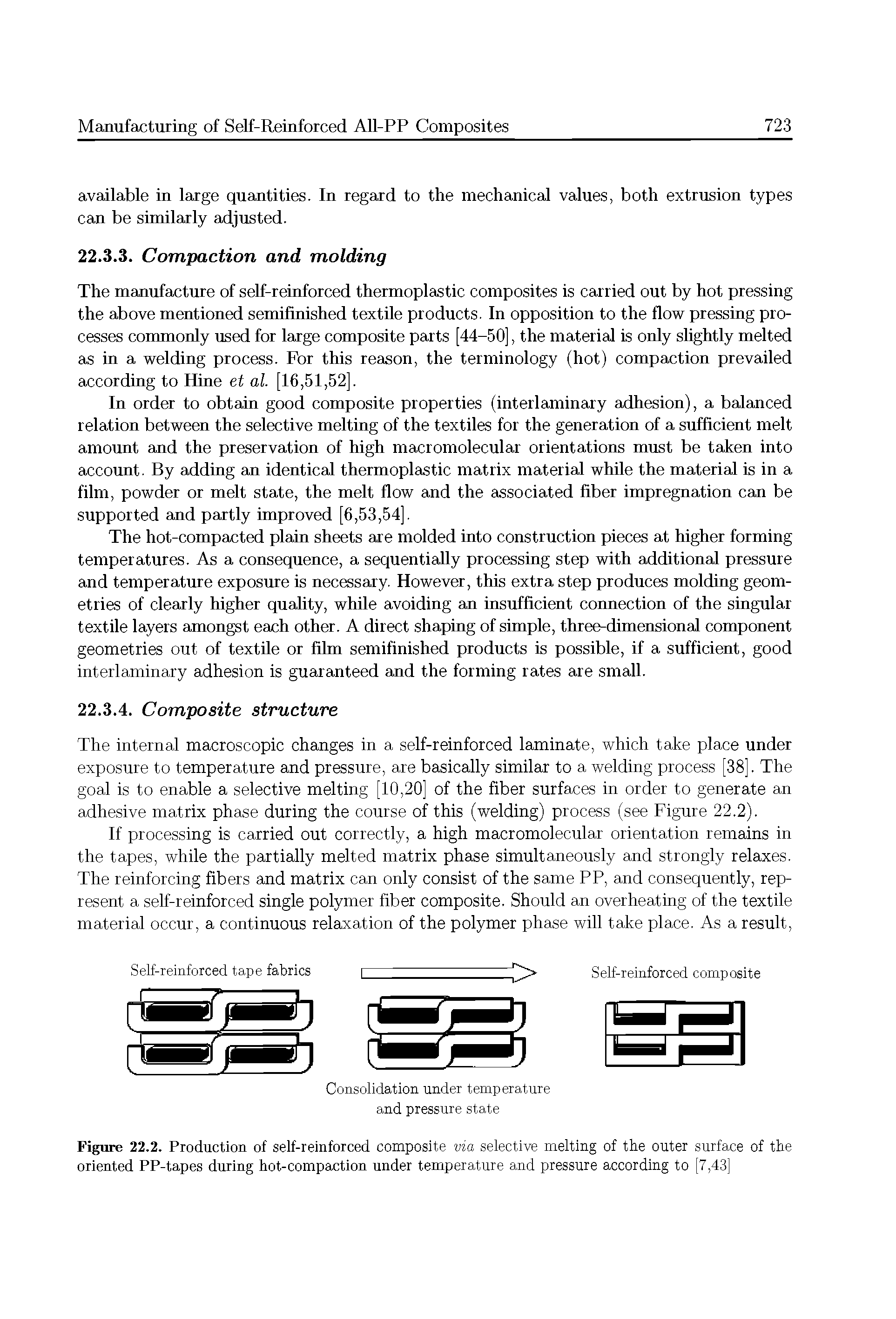 Figure 22.2. Production of self-reinforced composite via selective melting of the outer surface of the oriented PP-tapes during hot-compaction under temperature and pressure according to [7,43]...