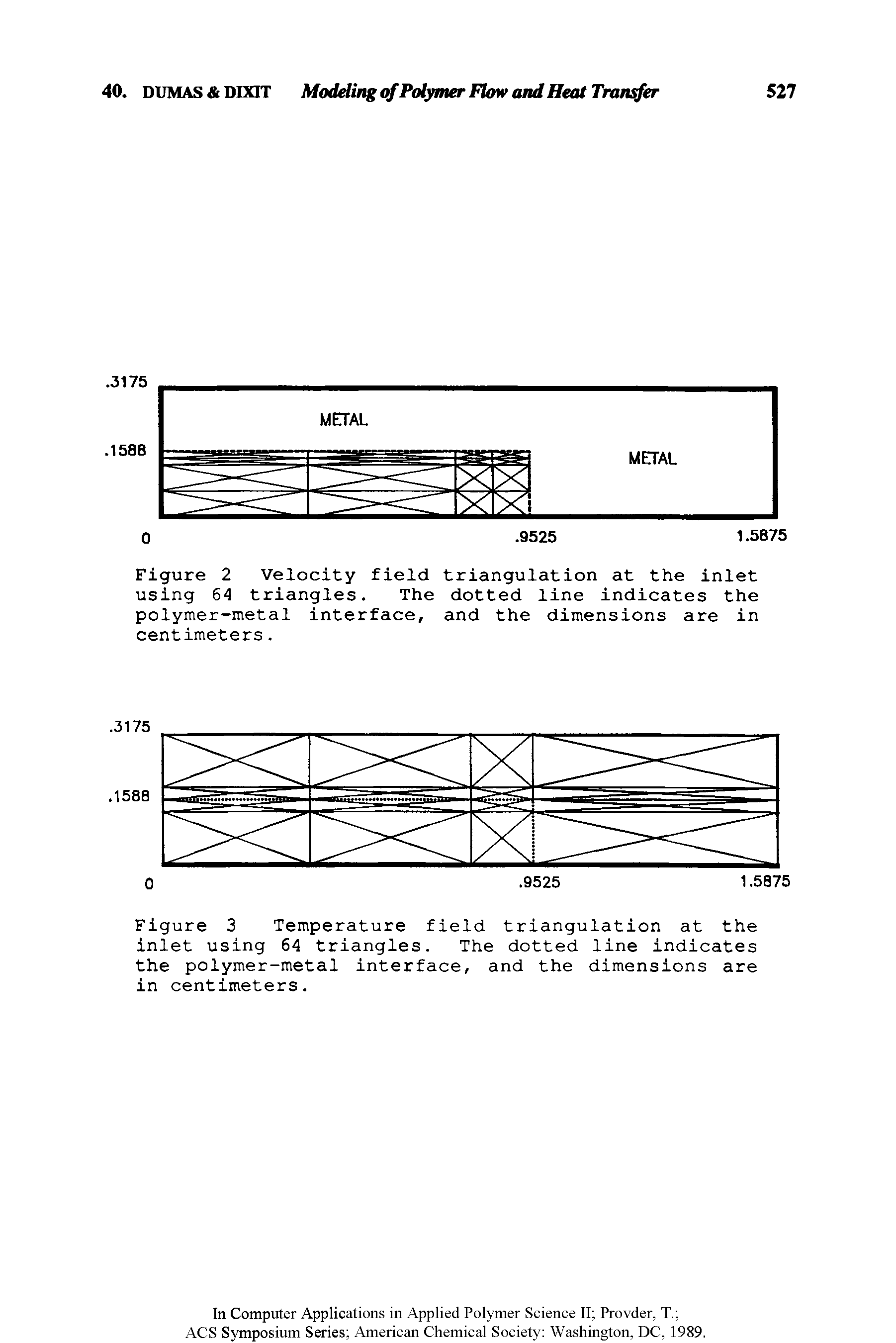 Figure 2 Velocity field triangulation at the inlet using 64 triangles. The dotted line indicates the polymer-metal interface, and the dimensions are in centimeters.