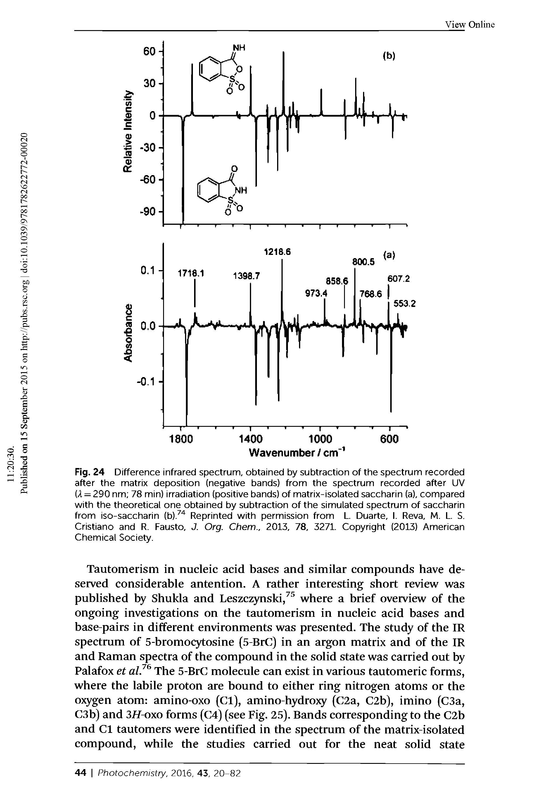 Fig. 24 Difference infrared spectrum, obtained by subtraction of the spectrum recorded after the matrix deposition (negative bands) from the spectrum recorded after UV (A = 290 nm 78 min) irradiation (positive bands) of matrix-isolated saccharin (a), compared with the theoretical one obtained by subtraction of the simulated spectrum of saccharin from iso-saccharin Reprinted with permission from L. Duarte, 1. Reva, M. L. S. Cristiano and R. Fausto, J. Org. Chem., 2013, 78, 3271. Copyright (2013) American Chemical Society.