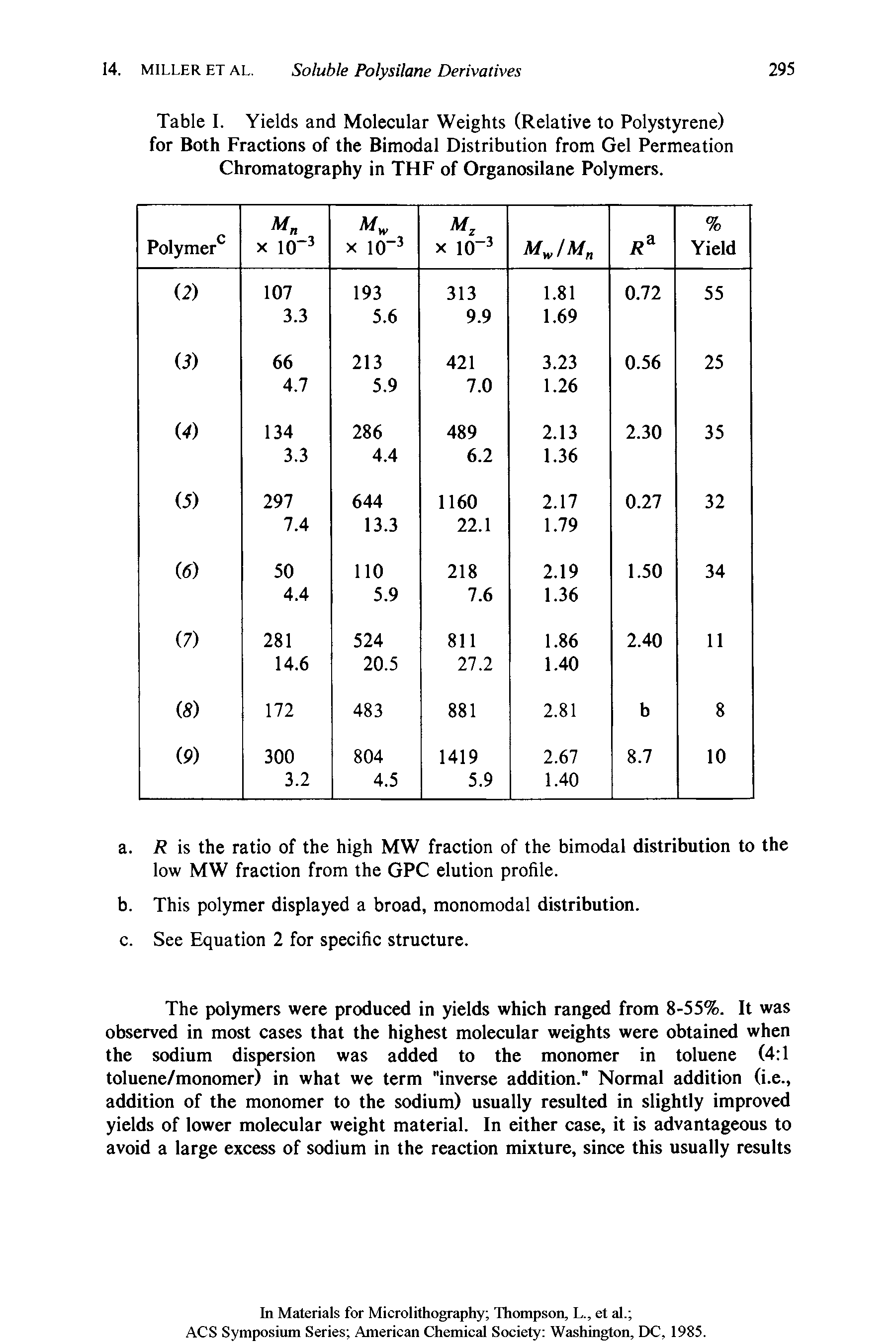 Table I. Yields and Molecular Weights (Relative to Polystyrene) for Both Fractions of the Bimodal Distribution from Gel Permeation Chromatography in THF of Organosilane Polymers.
