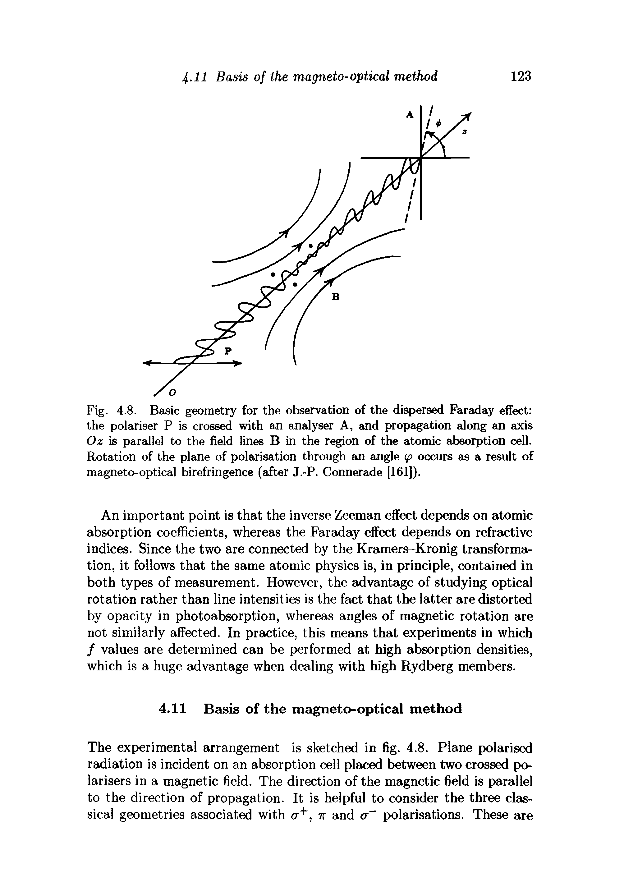Fig. 4.8. Basic geometry for the observation of the dispersed Faraday effect the polariser P is crossed with an analyser A, and propagation along an axis Oz is parallel to the field lines B in the region of the atomic absorption cell. Rotation of the plane of polarisation through an angle (p occurs as a result of magneto-optical birefringence (after J.-P. Connerade [161]).