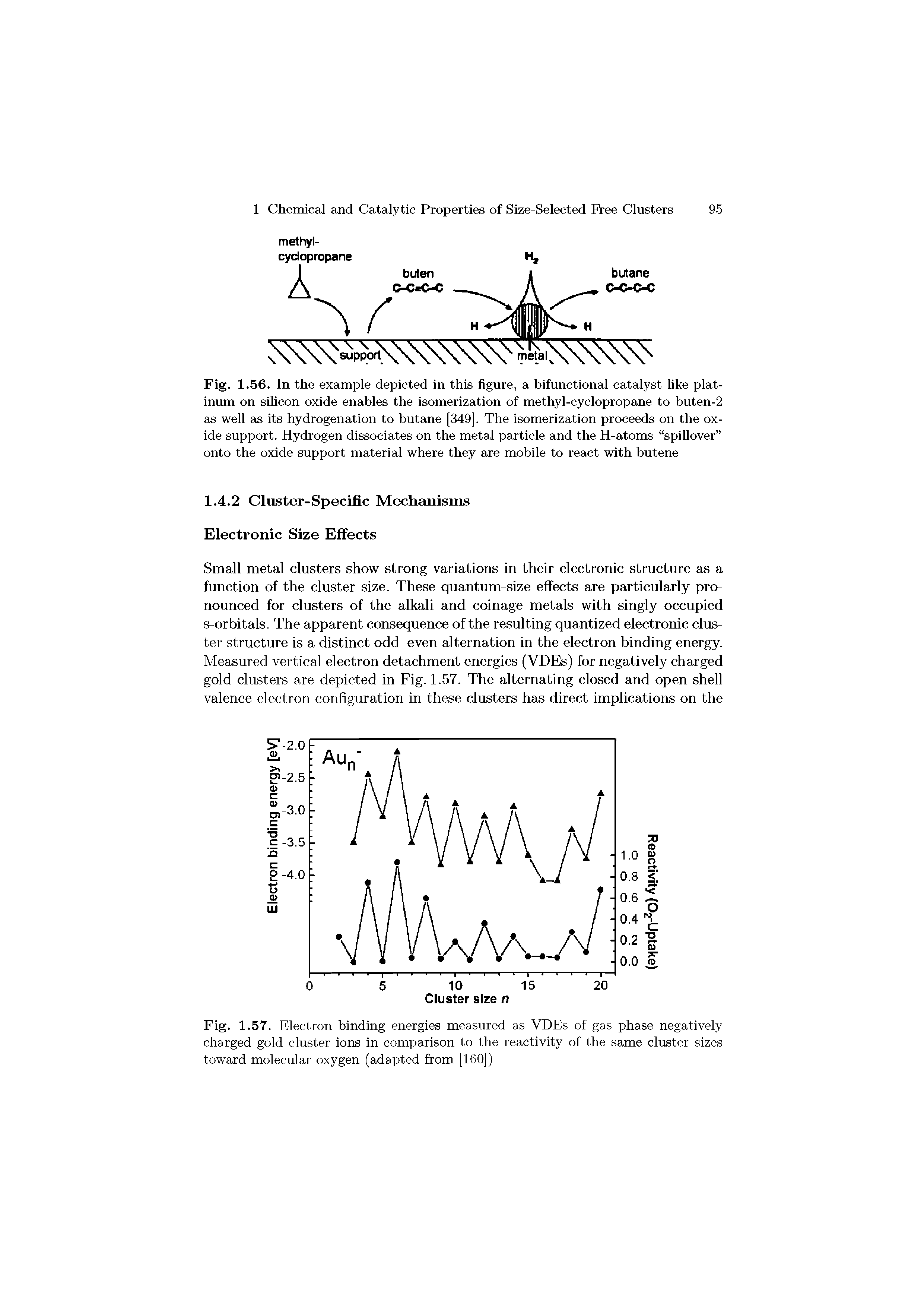 Fig. 1.56. In the example depicted in this figure, a bifunctional catalyst like platinum on silicon oxide enables the isomerization of methyl-cyclopropane to buten-2 as well as its hydrogenation to butane [349]. The isomerization proceeds on the oxide support. Hydrogen dissociates on the metal particle and the H-atoms spillover onto the oxide support material where they are mobile to react with butene...