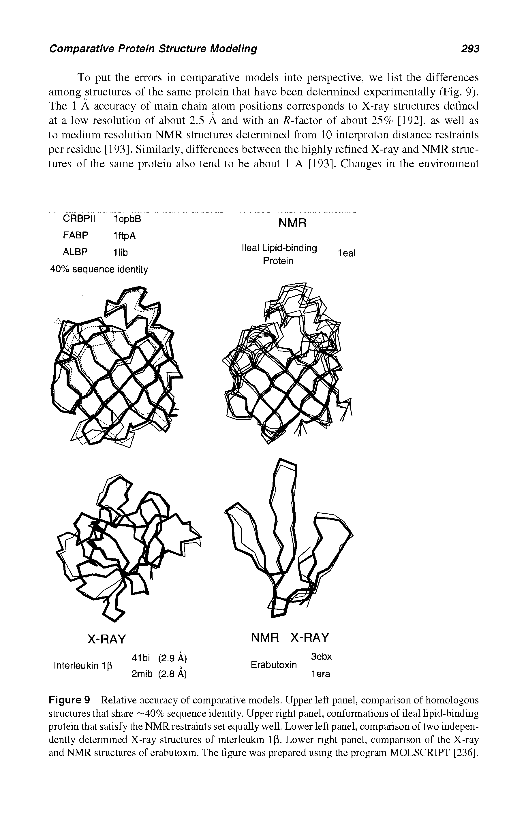 Figure 9 Relative accuracy of comparative models. Upper left panel, comparison of homologous structures that share 40% sequence identity. Upper right panel, conformations of ileal lipid-binding protein that satisfy the NMR restraints set equally well. Lower left panel, comparison of two independently determined X-ray structures of interleukin 1(3. Lower right panel, comparison of the X-ray and NMR structures of erabutoxin. The figure was prepared using the program MOLSCRIPT [236].