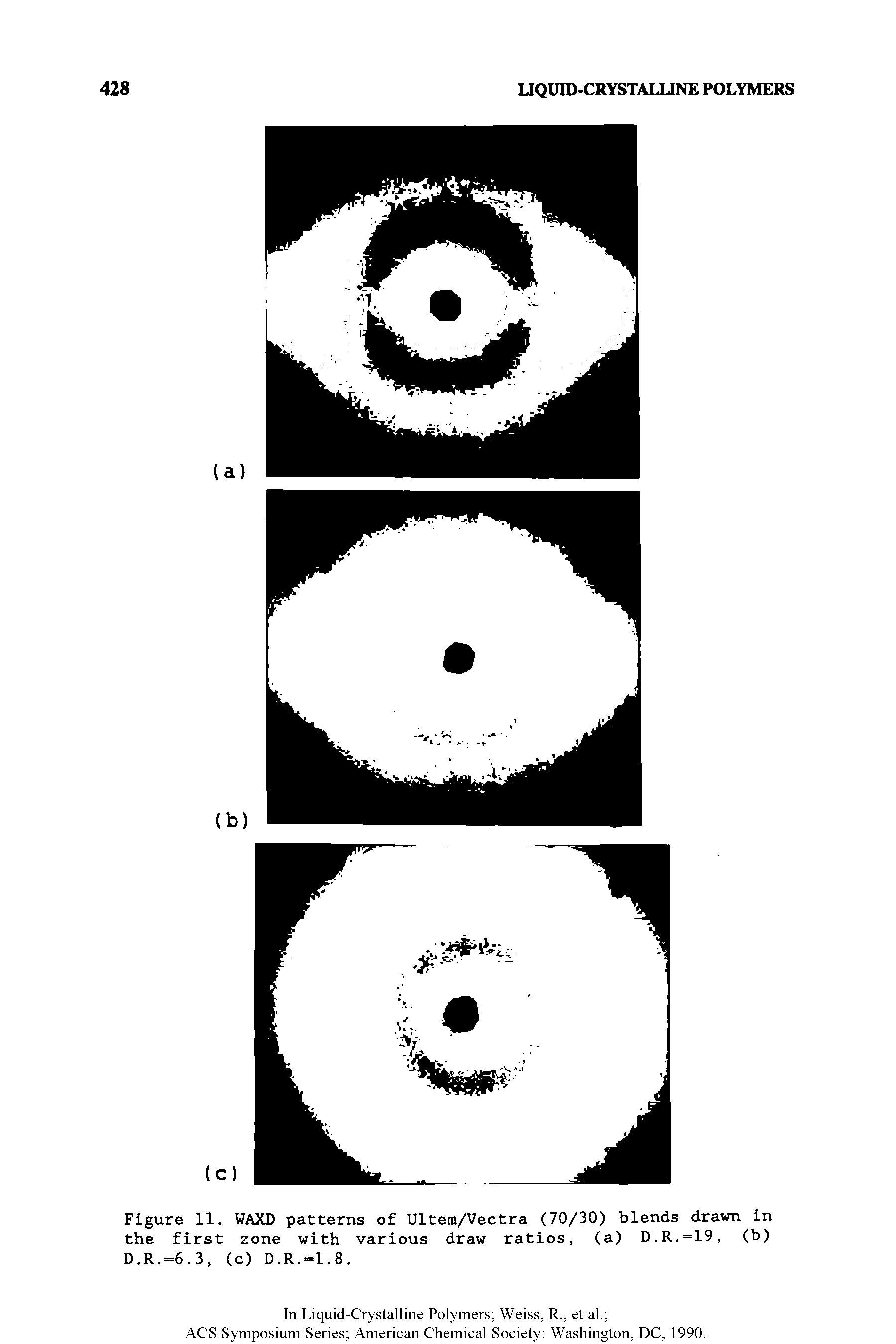 Figure 11. WAXD patterns of Ultem/Vectra (70/30) blends drawn in the first zone with various draw ratios, (a) D.R.=19, (b) D.R.-6.3, (c) D.R.-1.8.