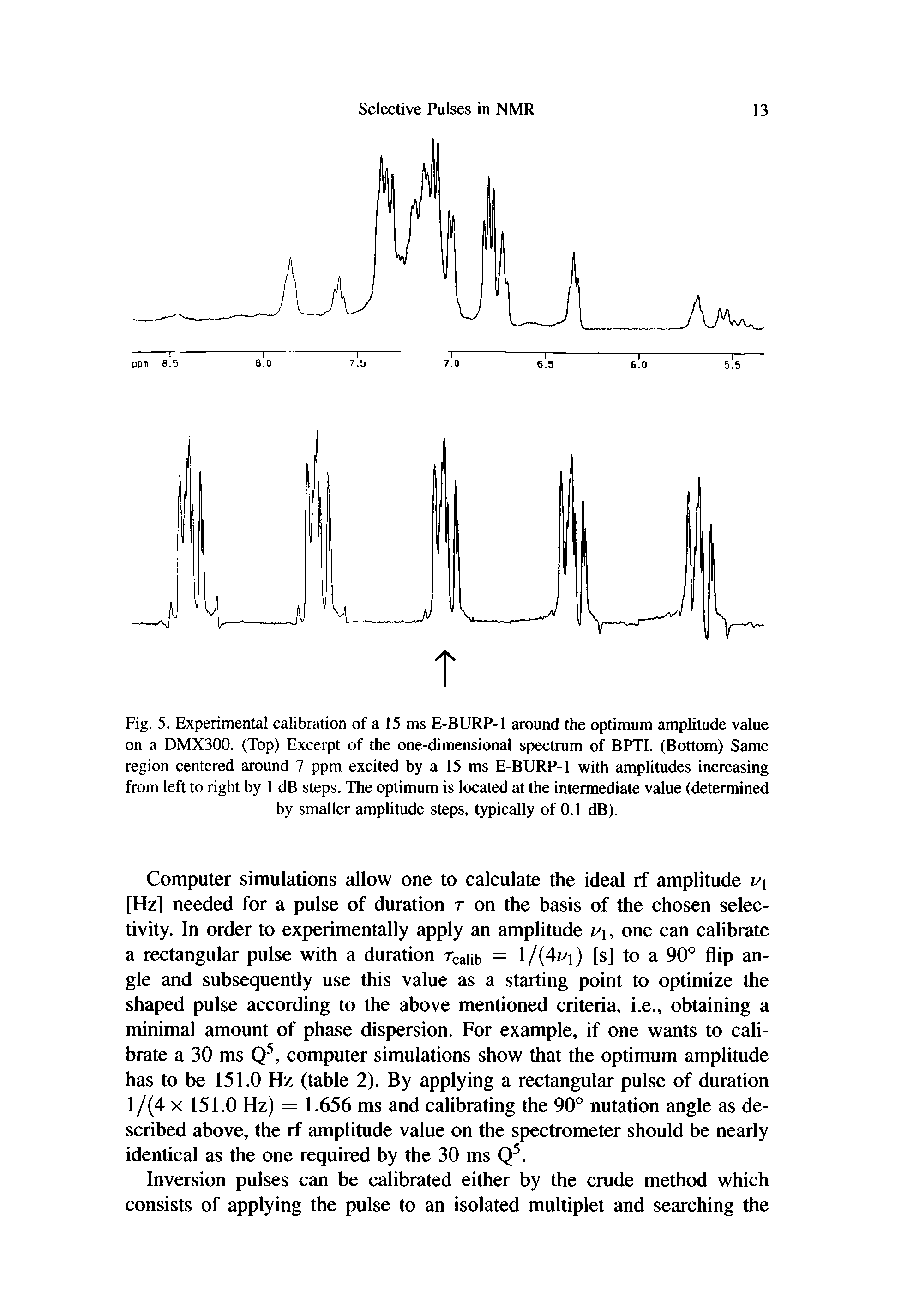 Fig. 5. Experimental calibration of a 15 ms E-BURP-1 around the optimum amplitude value on a DMX300. (Top) Excerpt of the one-dimensional spectrum of BPTI. (Bottom) Same region centered around 7 ppm excited by a 15 ms E-BURP-1 with amplitudes increasing from left to right by 1 dB steps. The optimum is located at the intermediate value (determined by smaller amplitude steps, typically of 0.1 dB).