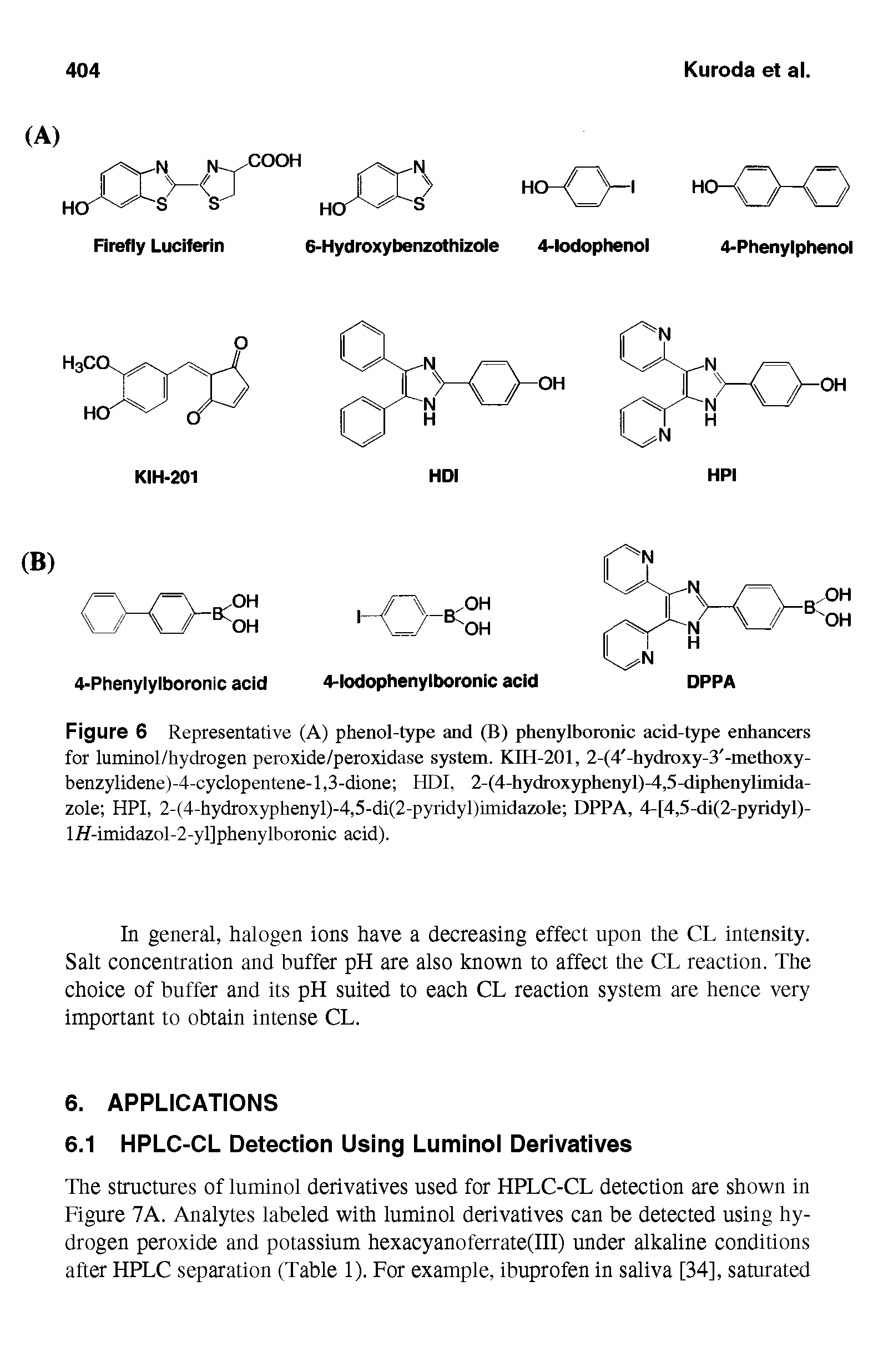 Figure 6 Representative (A) phenol-type and (B) phenylboronic acid-type enhancers for luminol/hydrogen peroxide/peroxidase system. KIH-201, 2-(4 -hydroxy-3 -methoxy-benzylidene)-4-cyclopentene-1,3-dione HDI, 2-(4-hydroxyphenyl)-4,5-diphenylimida-zole HPI, 2-(4-hydroxyphenyl)-4,5-di(2-pyridyl)imidazole DPPA, 4-[4,5-di(2-pyridyl)-lH-imidazol-2-yl]phenylboronic acid).