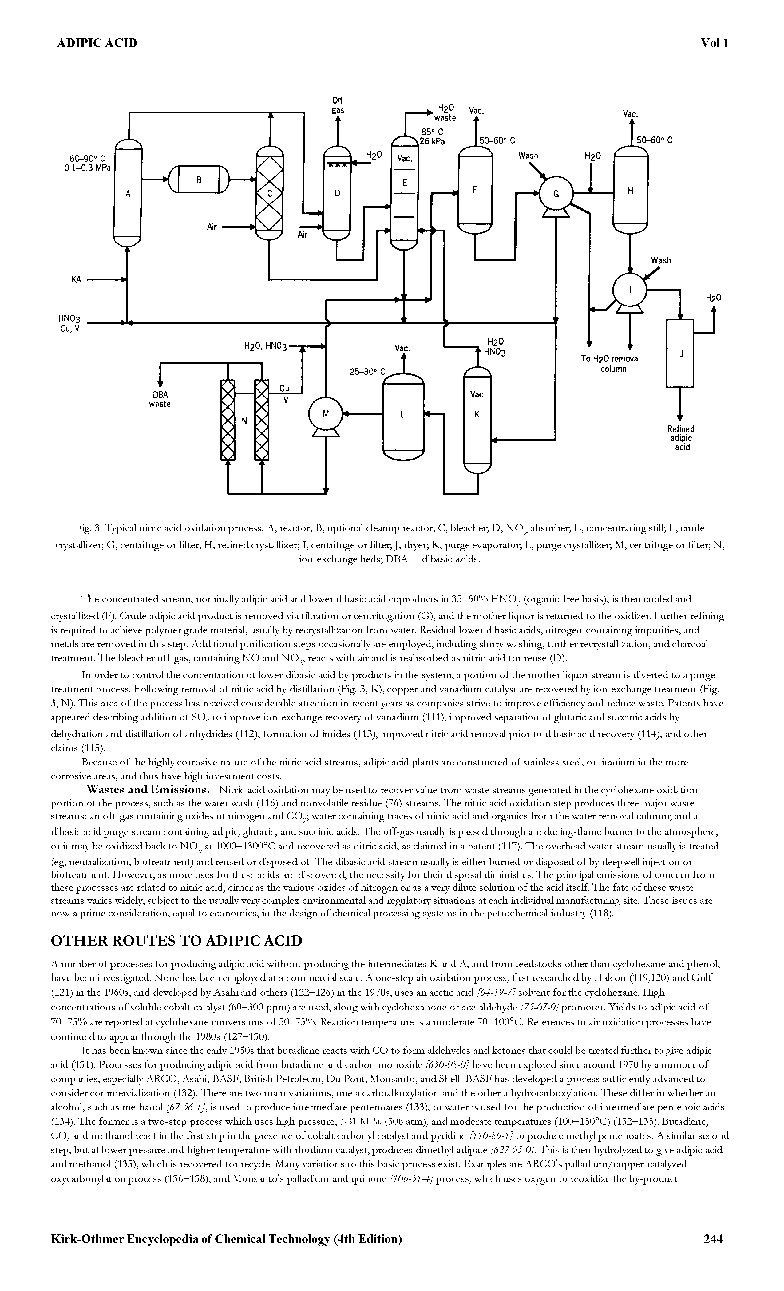 Fig. 3. Typical nitric acid oxidation process. A, reactor B, optional cleanup reactor C, bleacher D, NO absorber E, concentrating stUl F, crude crystallizer G, centrifuge or filter H, refined crystallizer I, centrifuge or filter , dryer K, purge evaporator L, purge crystallizer M, centrifuge or filter N,...