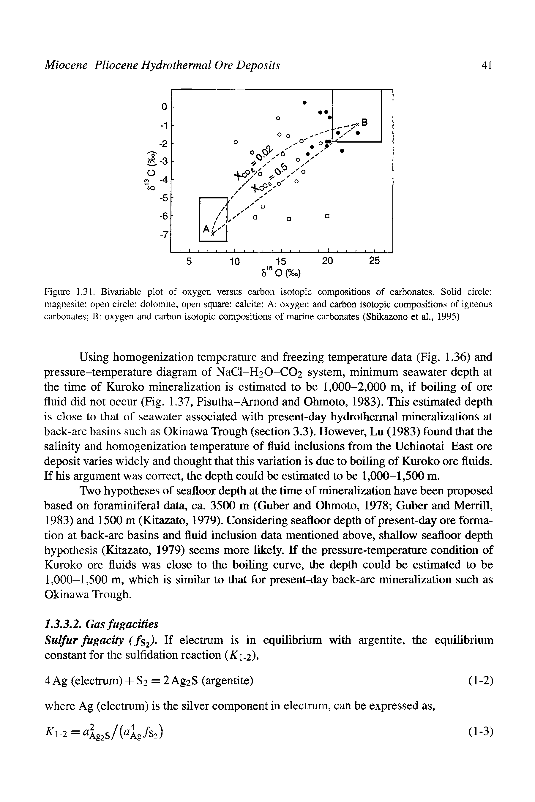 Figure 1.31. Bivariable plot of oxygen versus carbon isotopic compositions of carbonates. Solid circle magnesite open circle dolomite open square calcite A oxygen and carbon isotopic compositions of igneous carbonates B oxygen and carbon isotopic compositions of marine carbonates (Shikazono et al., 1995).