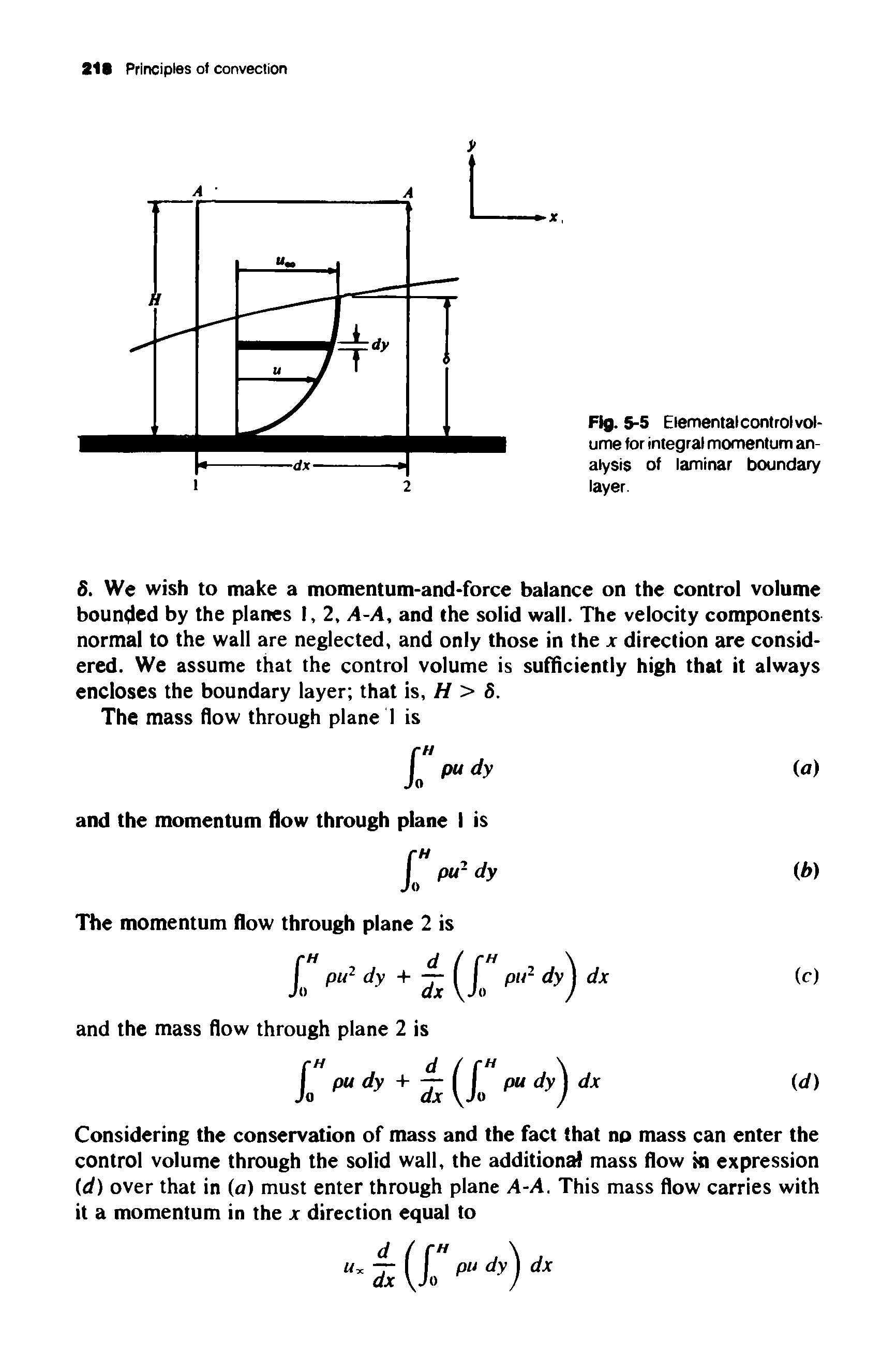 Fig. 5-5 Elemental control volume for integral momentum analysis of laminar boundary layer.