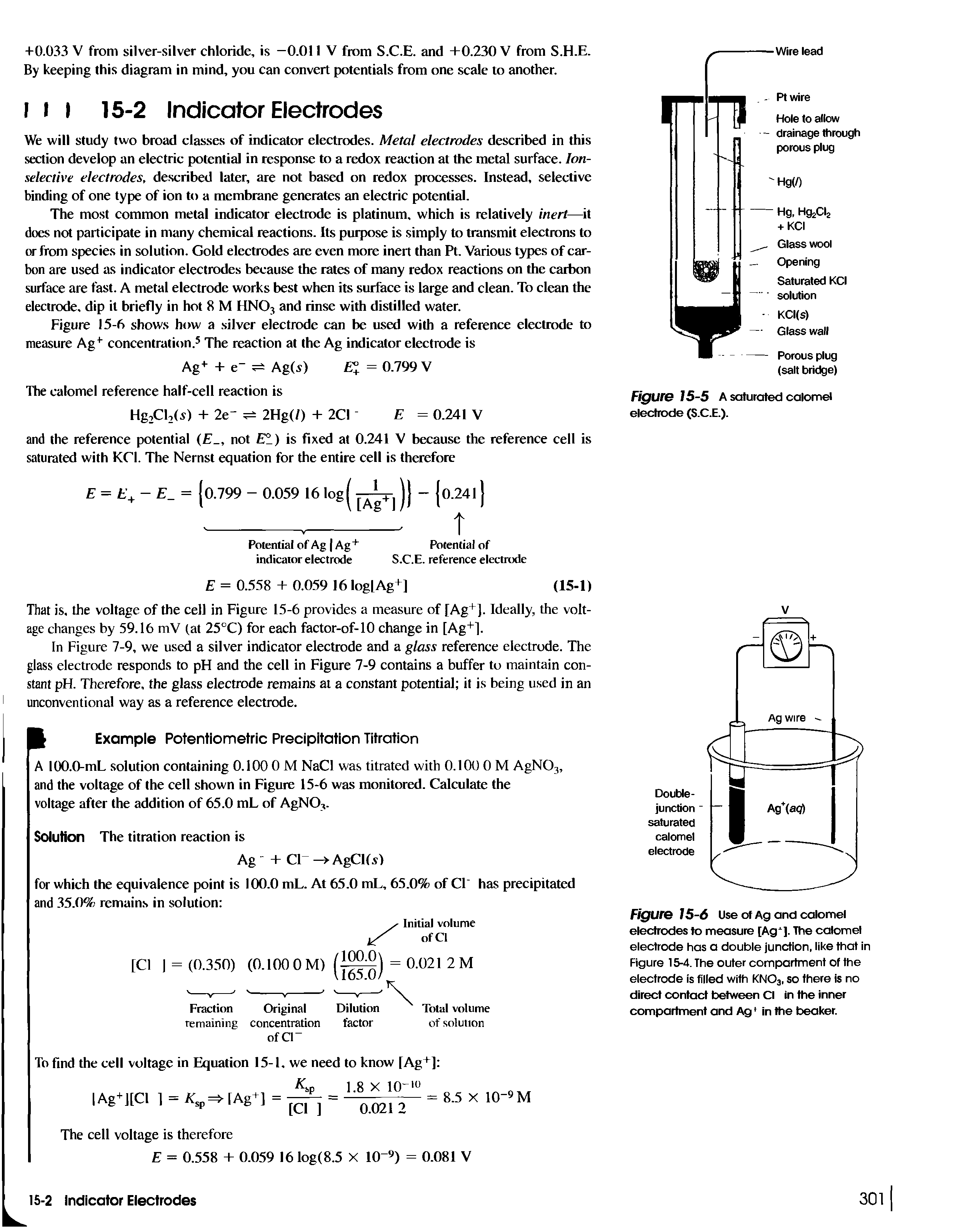 Figure 15-6 Use of Ag and calomel electrodes to measure [Ag ]. The calomel electrode has a double junction, like that in Figure 15-4. The outer compartment of the electrode is filled with KN03, so there is no direct contact between Cl in the inner compartment and Ag1 in the beaker.