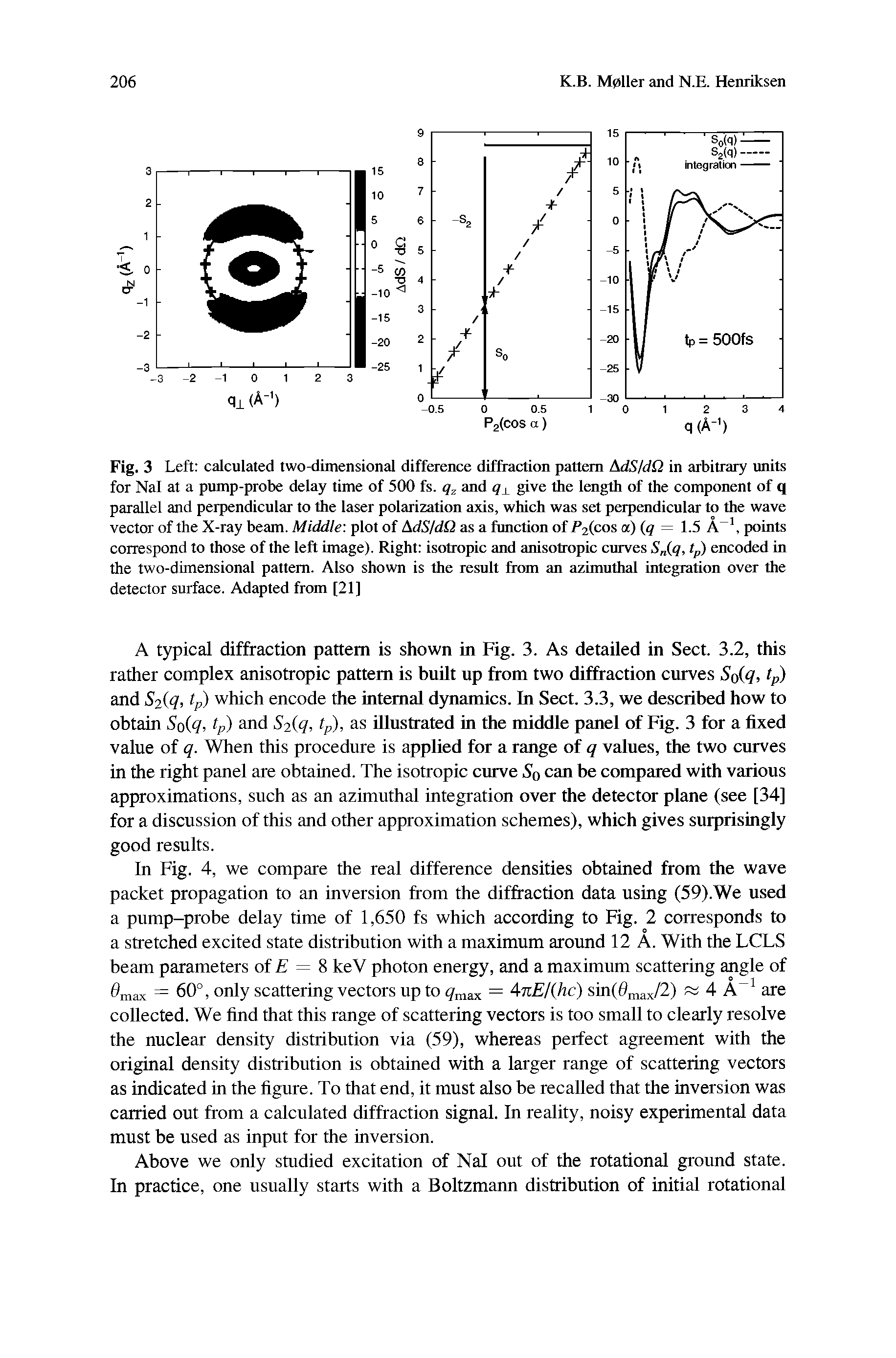Fig. 3 Left calculated two-dimensional difference diffraction pattern AdS/dQ in arbitrary units for Nal at a pump-probe delay time of 500 fs. qy and q give the length of the component of q parallel and perpendicular to the laser polarization axis, which was set perpendicular to the wave vector of the X-ray beam. Middle plot of AdS/dQ as a function of P2(cos a) (q = 1.5 A-1, points correspond to those of the left image). Right isotropic and anisotropic curves Sn(q, tp) encoded in the two-dimensional pattern. Also shown is the result from an azimuthal integration over the detector surface. Adapted from [21]...