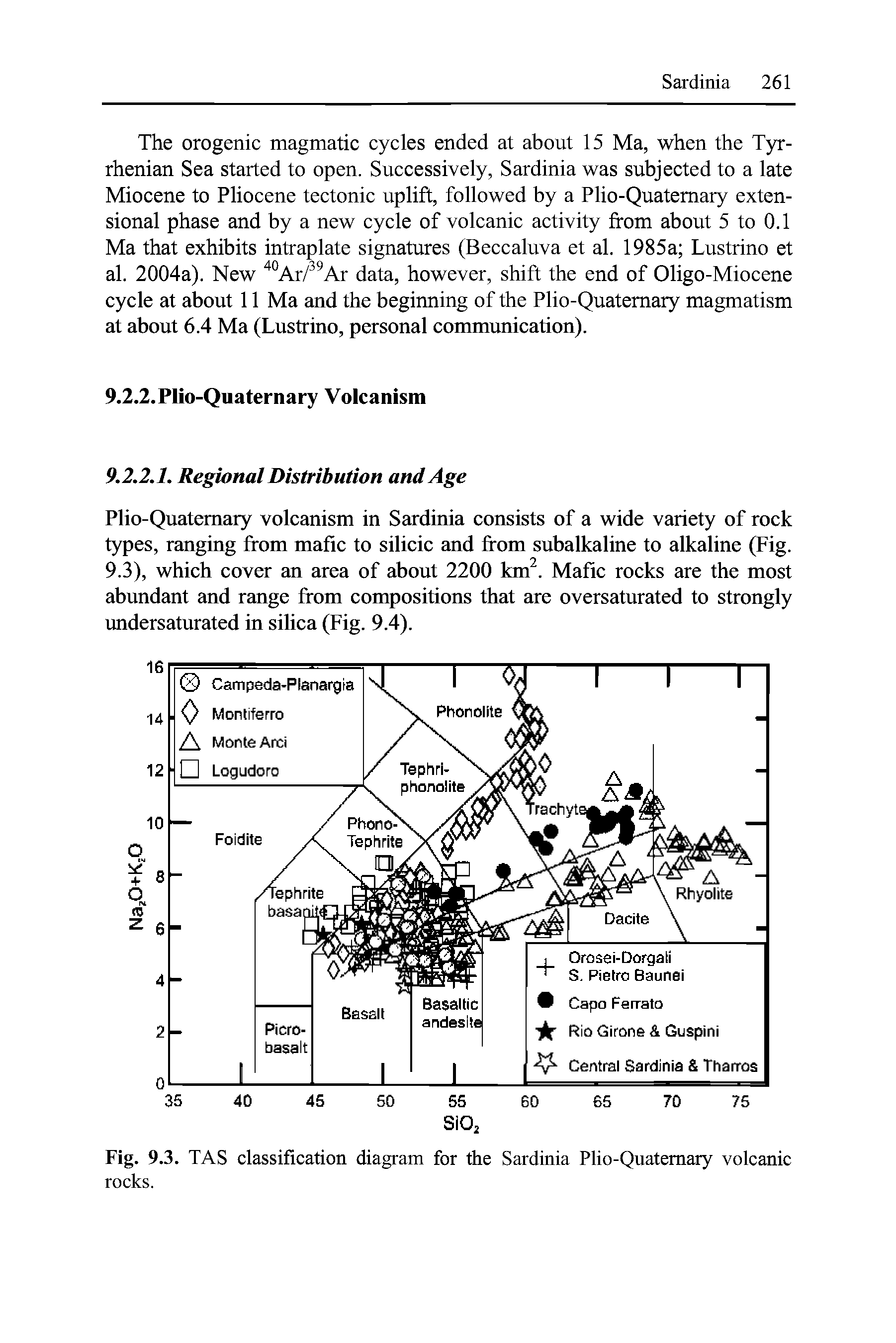 Fig. 9.3. TAS classification diagram for the Sardinia Plio-Quatemary volcanic rocks.