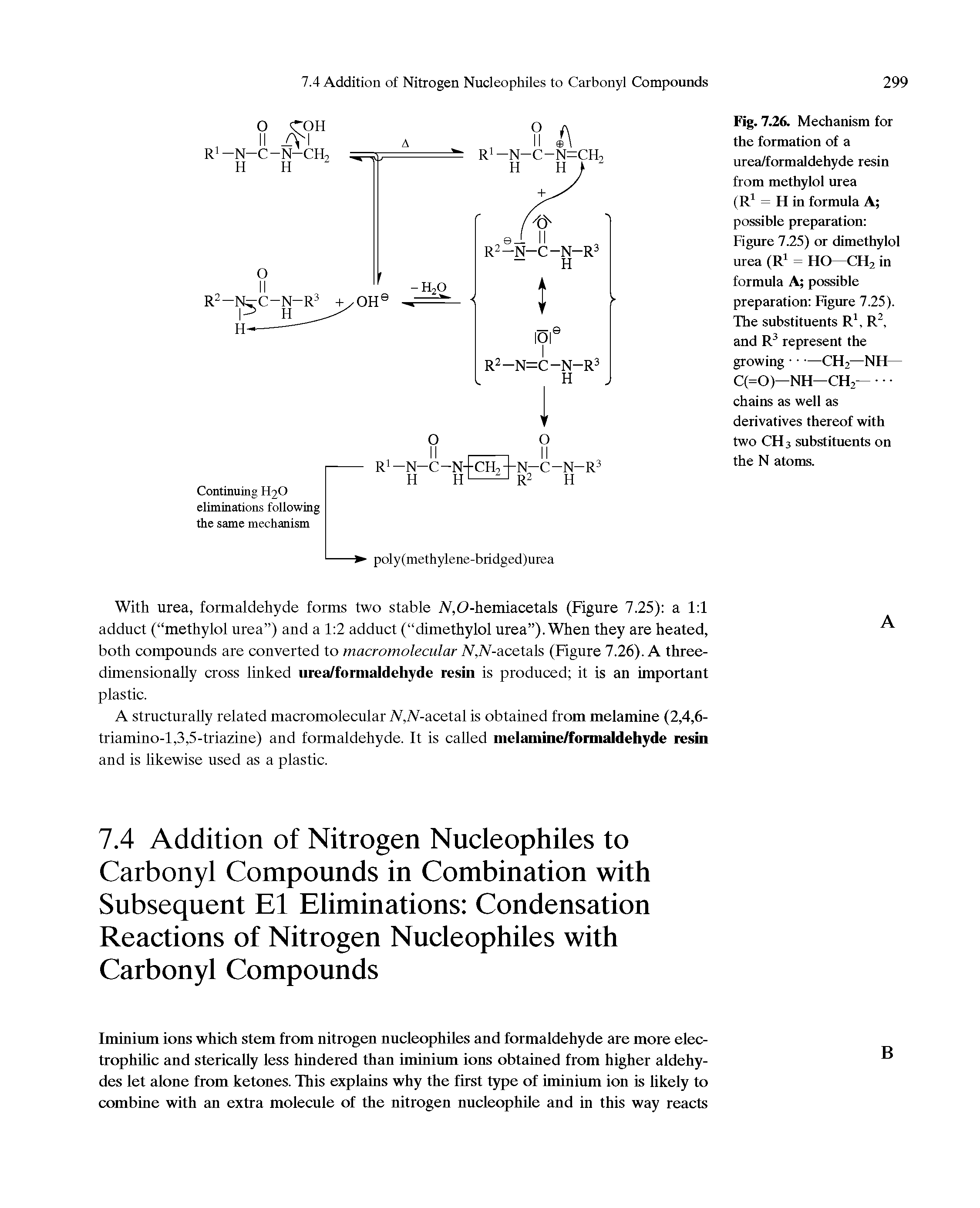Fig. 7.26. Mechanism for the formation of a urea/formaldehyde resin from methylol urea (R1 = H in formula A possible preparation Figure 7.25) or dimethylol urea (R1 = HO CH2 in formula A possible preparation Figure 7.25). The substituents R1, R2, and R3 represent the growing —CH2—NH—...