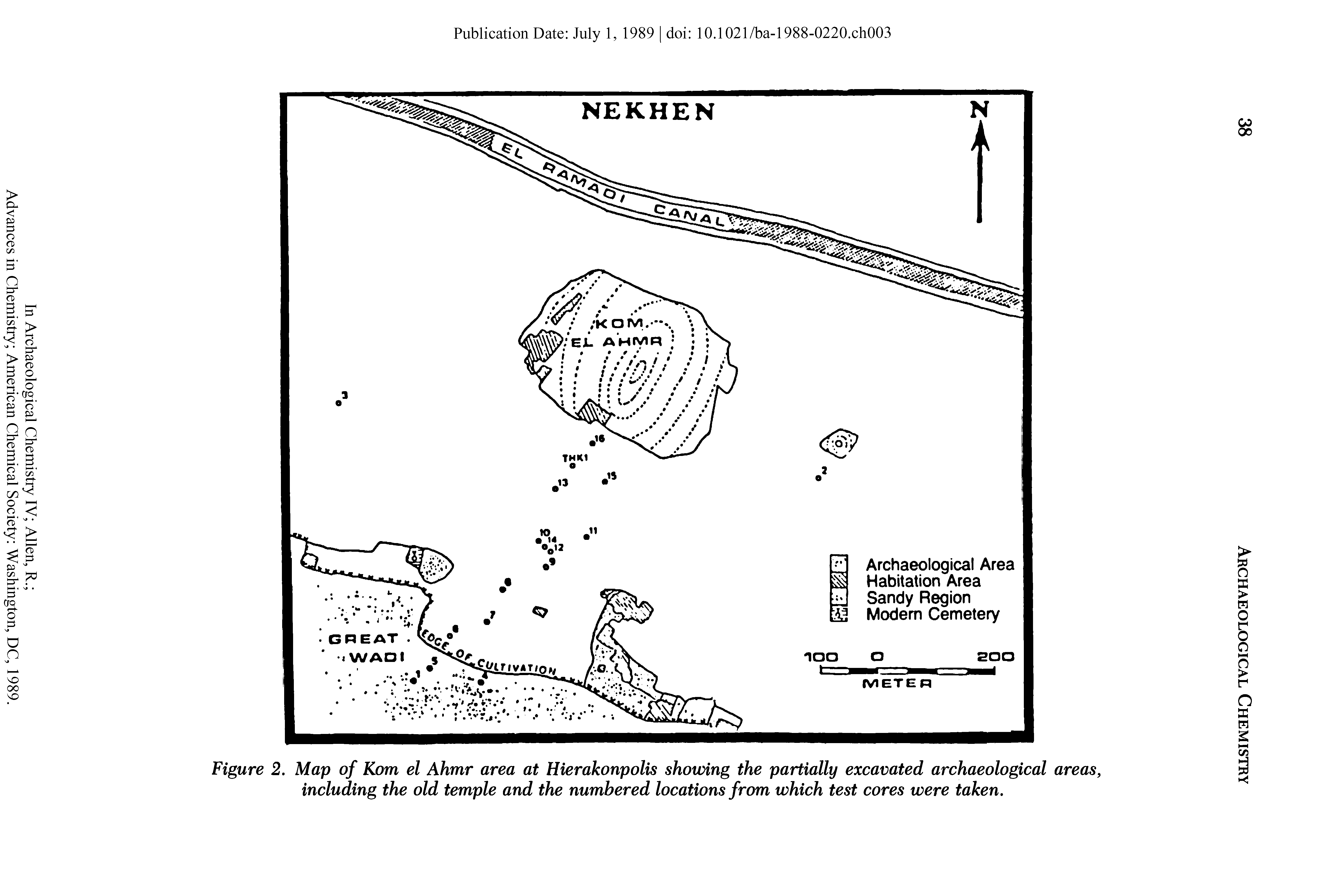 Figure 2. Map of Kom el Ahmr area at Hierakonpolis showing the partially excavated archaeological areas, including the old temple and the numbered locations from which test cores were taken.