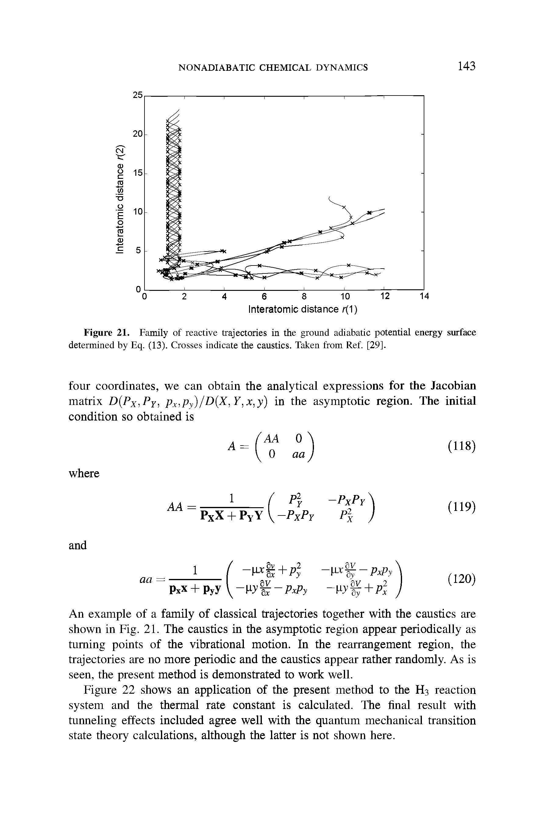 Figure 21. Family of reactive trajectories in the ground adiabatic potential energy surface determined by Eq. (13). Crosses indicate the caustics. Taken from Ref. [29].