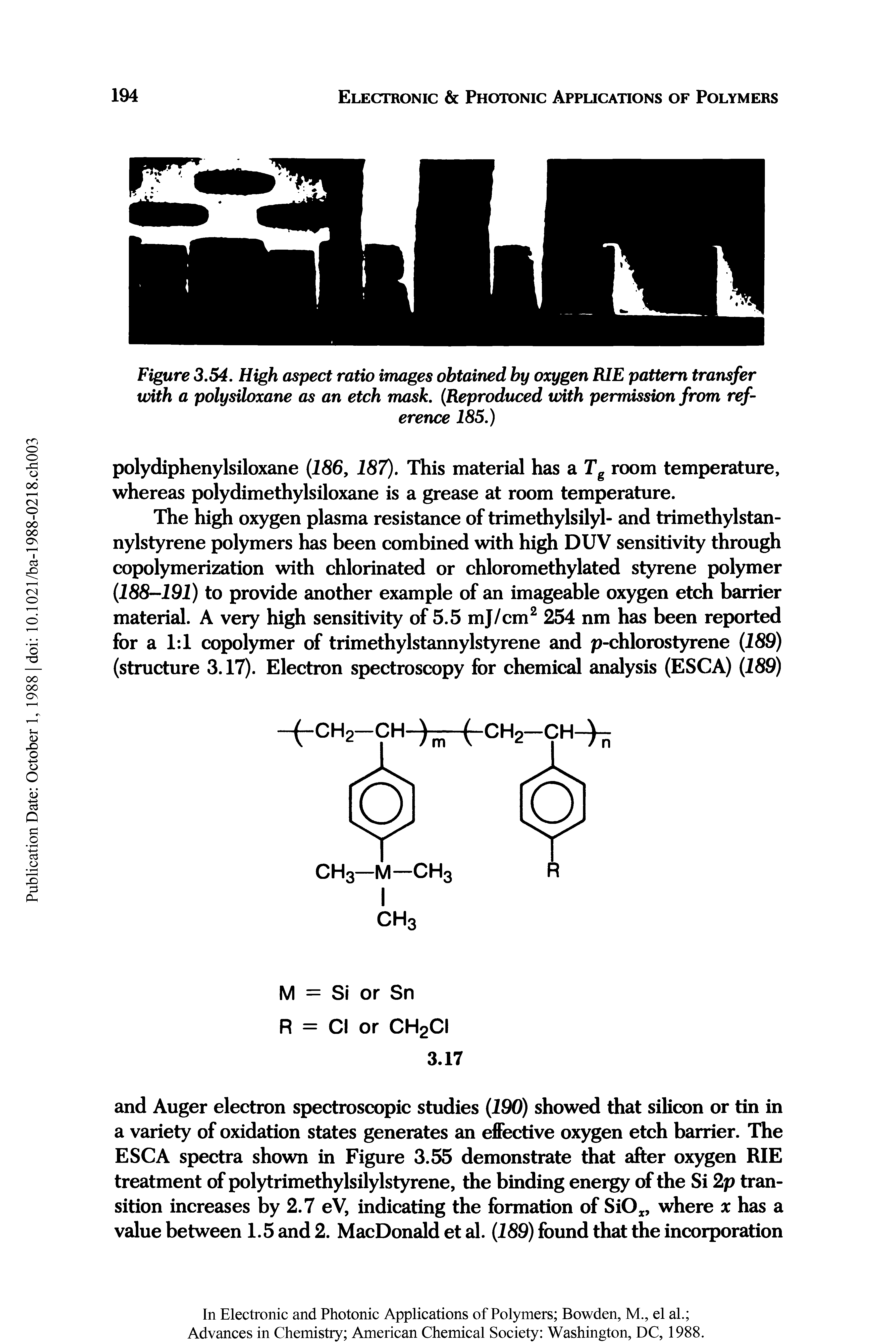 Figure 3.54. High aspect ratio images obtained by oxygen RIE pattern transfer with a polysiloxane as an etch mask. Reproduced with permission from reference 185.)...