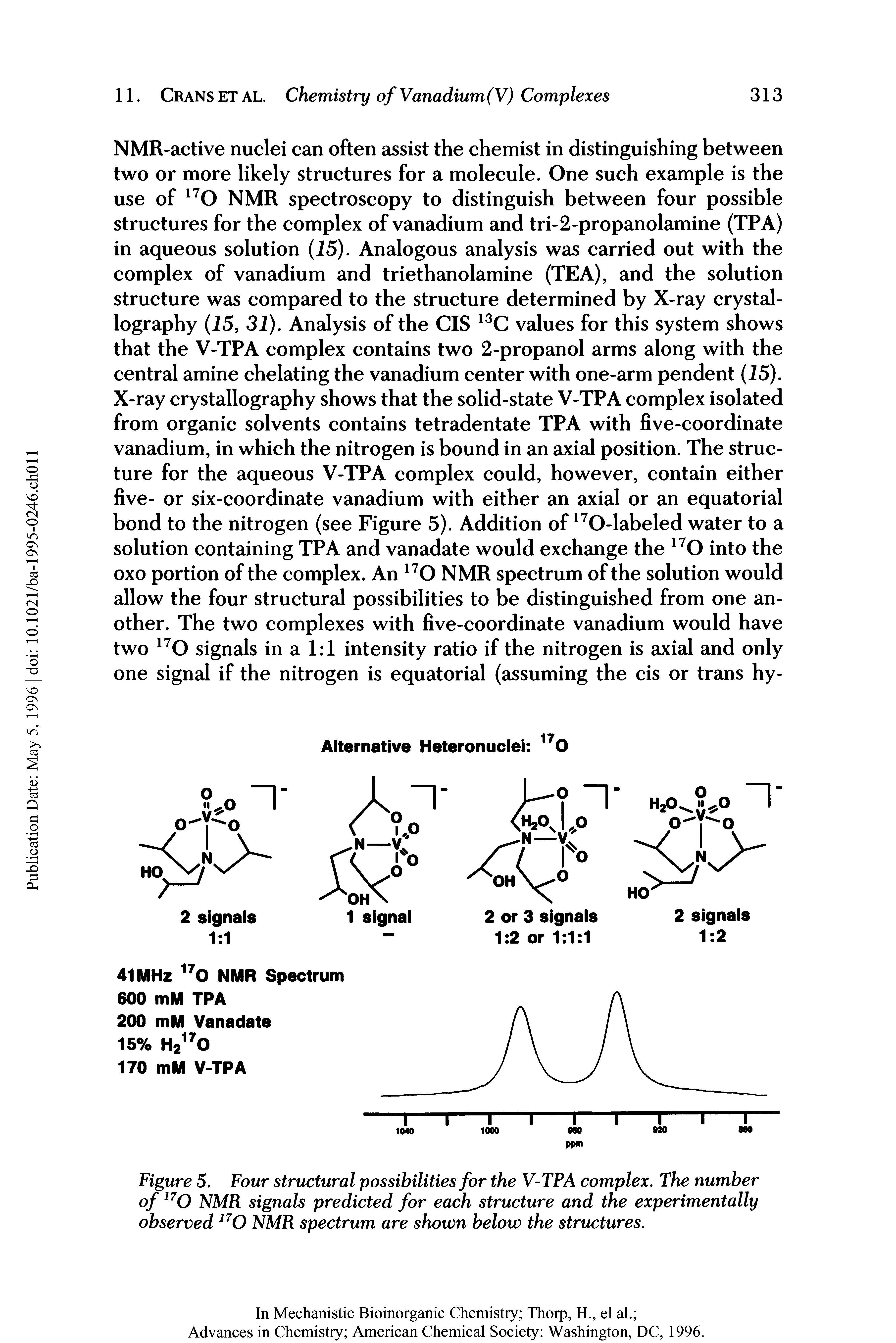 Figure 5. Four structural possibilities for the V-TPA complex. The number of17O NMR signals predicted for each structure and the experimentally observed 17O NMR spectrum are shown below the structures.