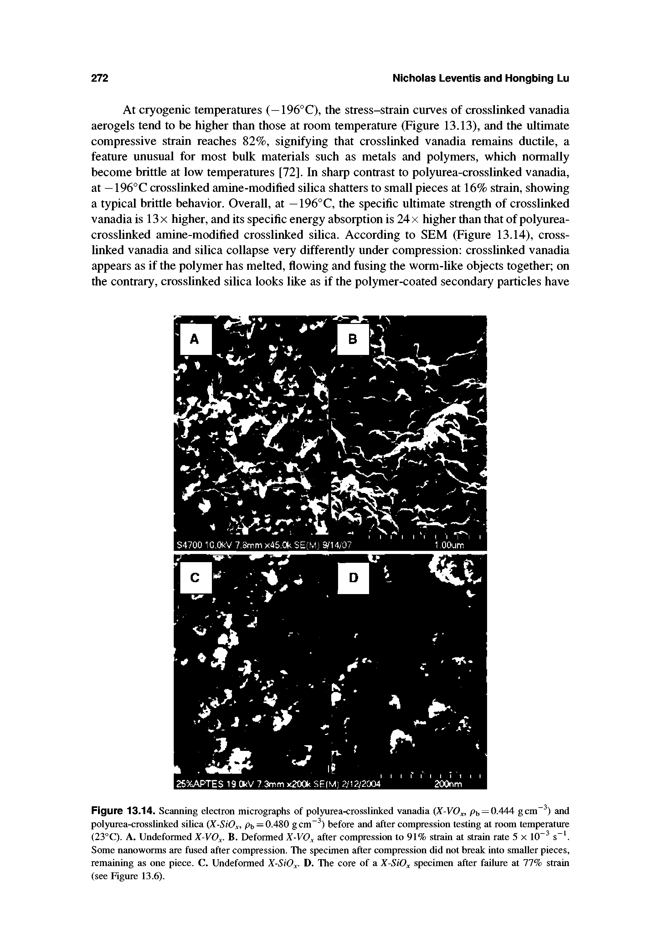 Figure 13.14. Scanning electron micrographs of polyurea-crosslinked vanadia (X-VO pt = 0.444 gcm" ) and polyurea-crosslinked silica (X-SiOx, pb = 0.480 g cm ) before and after compression testing at room temperature (23°C). A. Undeformed X-VO - B. Deformed X-VO after compression to 91% strain at strain rate 5 x 10" s" . Some nanoworms are fused after compression. The specimen after compression did not break into smaller pieces, remaining as one piece. C. Undeformed X-SiO - D. The core of a X-SiOx specimen after faUuie at 77% strain (see Figure 13.6).
