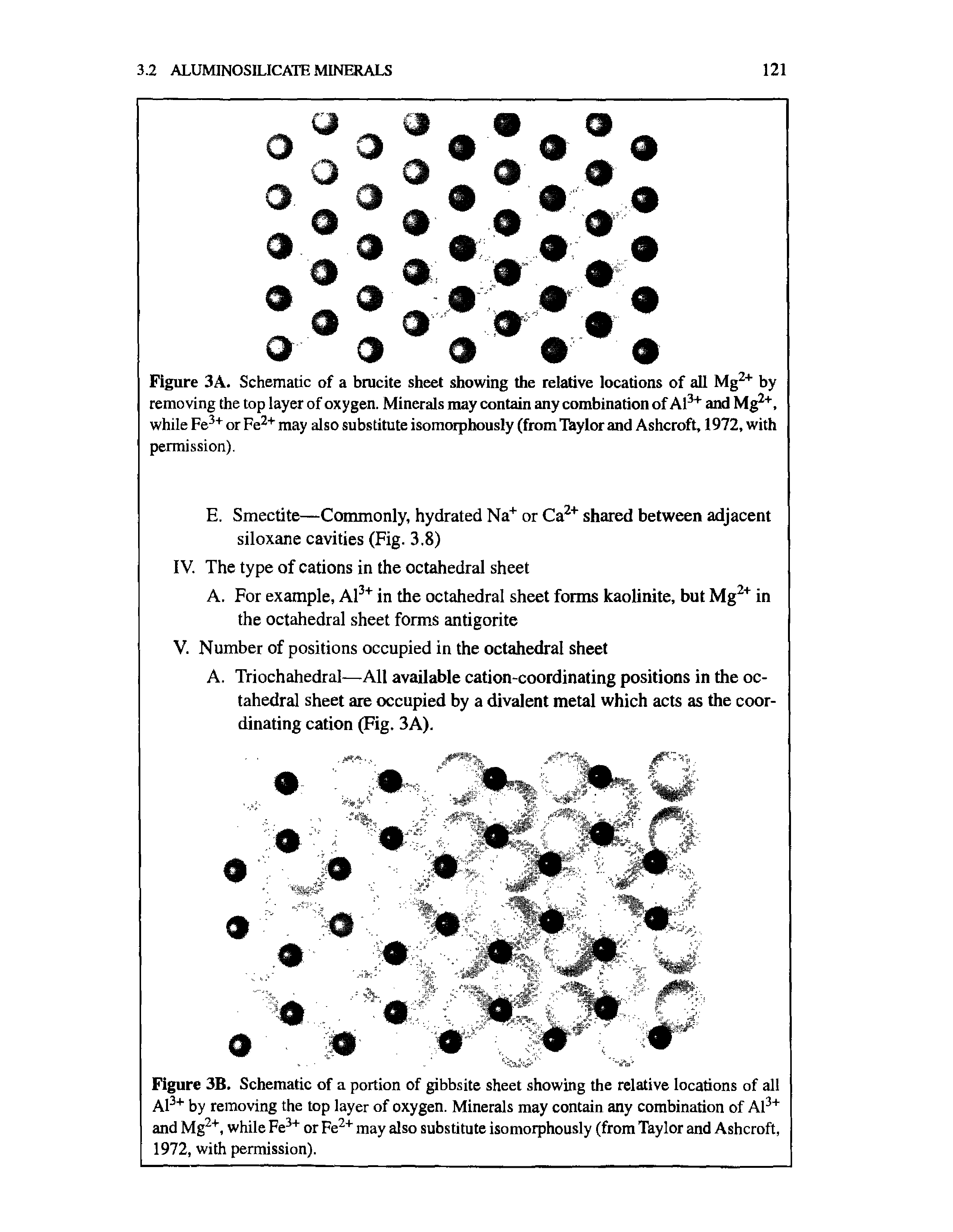 Figure 3A. Schematic of a brucite sheet showing the relative locations of all Mg2+ by removing the top layer of oxygen. Minerals may contain any combination of Al3+ and Mg2+, while Fe3+ or Fe2+ may also substitute isomorphously (from Taylor and Ashcroft, 1972, with...