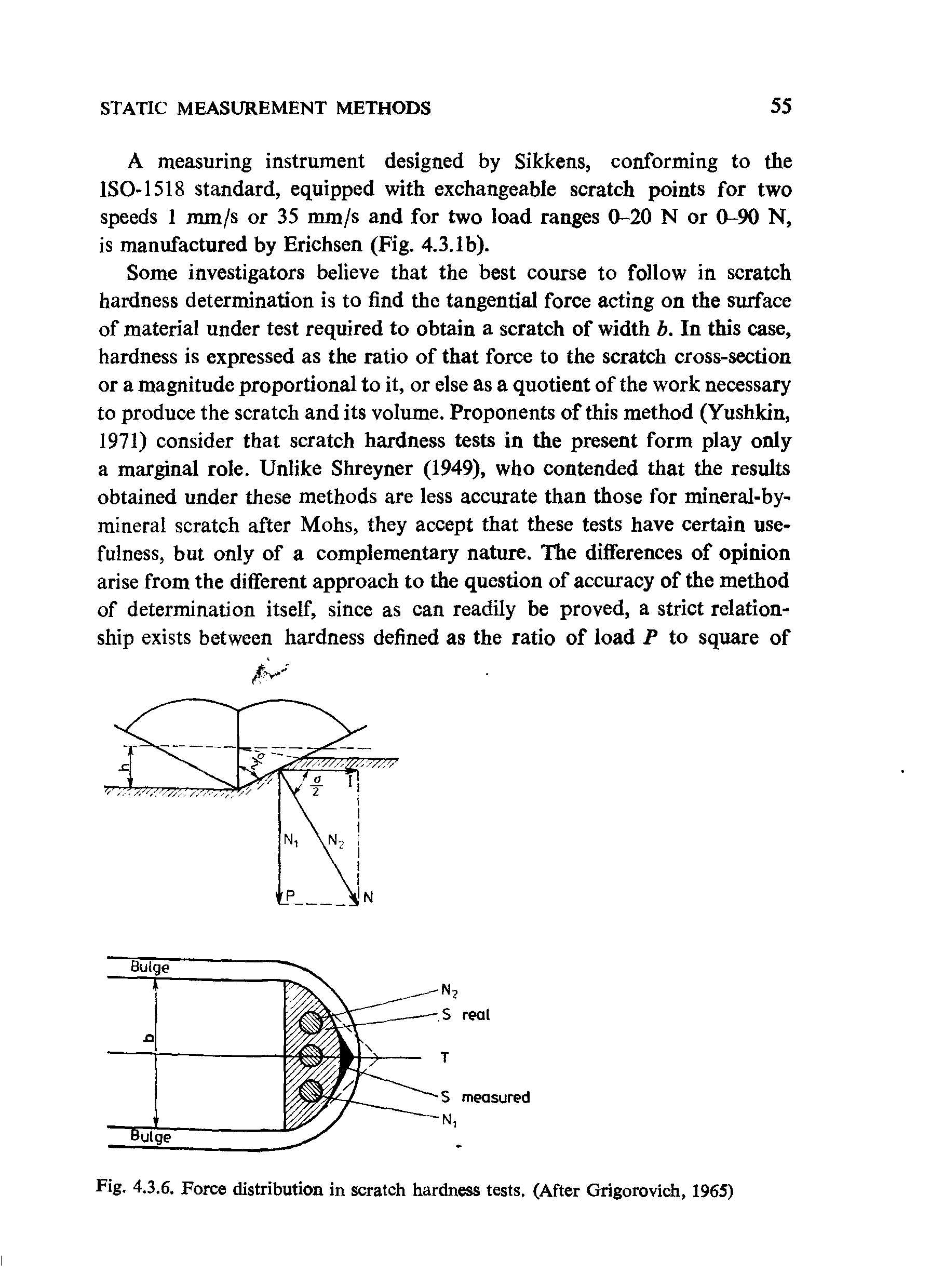 Fig. 4.3.6. Force distribution in scratch hardness tests. (After Grigorovich, 1965)...