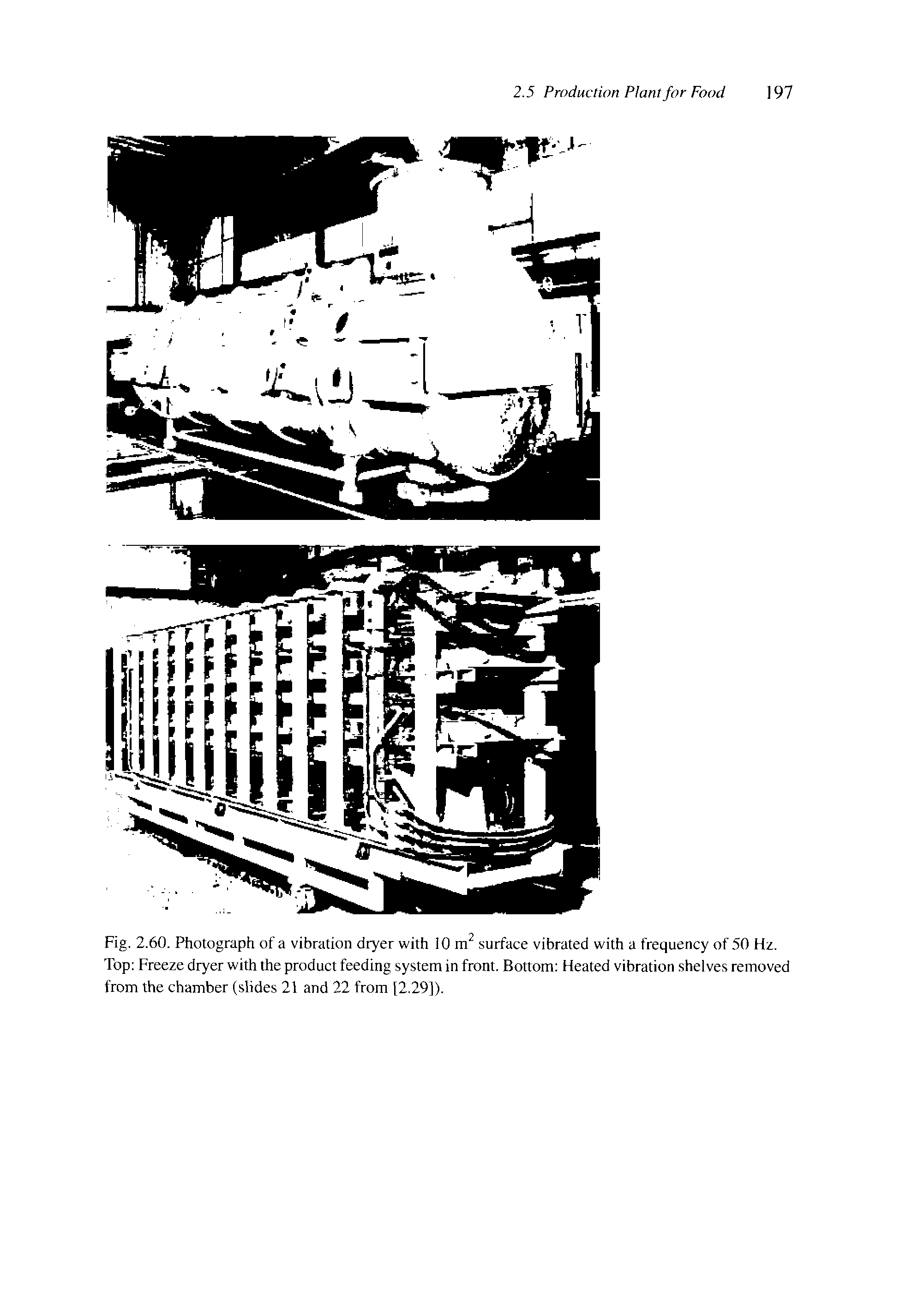 Fig. 2.60. Photograph of a vibration dryer with 10 m2 surface vibrated with a frequency of 50 Hz. Top Freeze dryer with the product feeding system in front. Bottom Heated vibration shelves removed from the chamber (slides 21 and 22 from [2.29]).