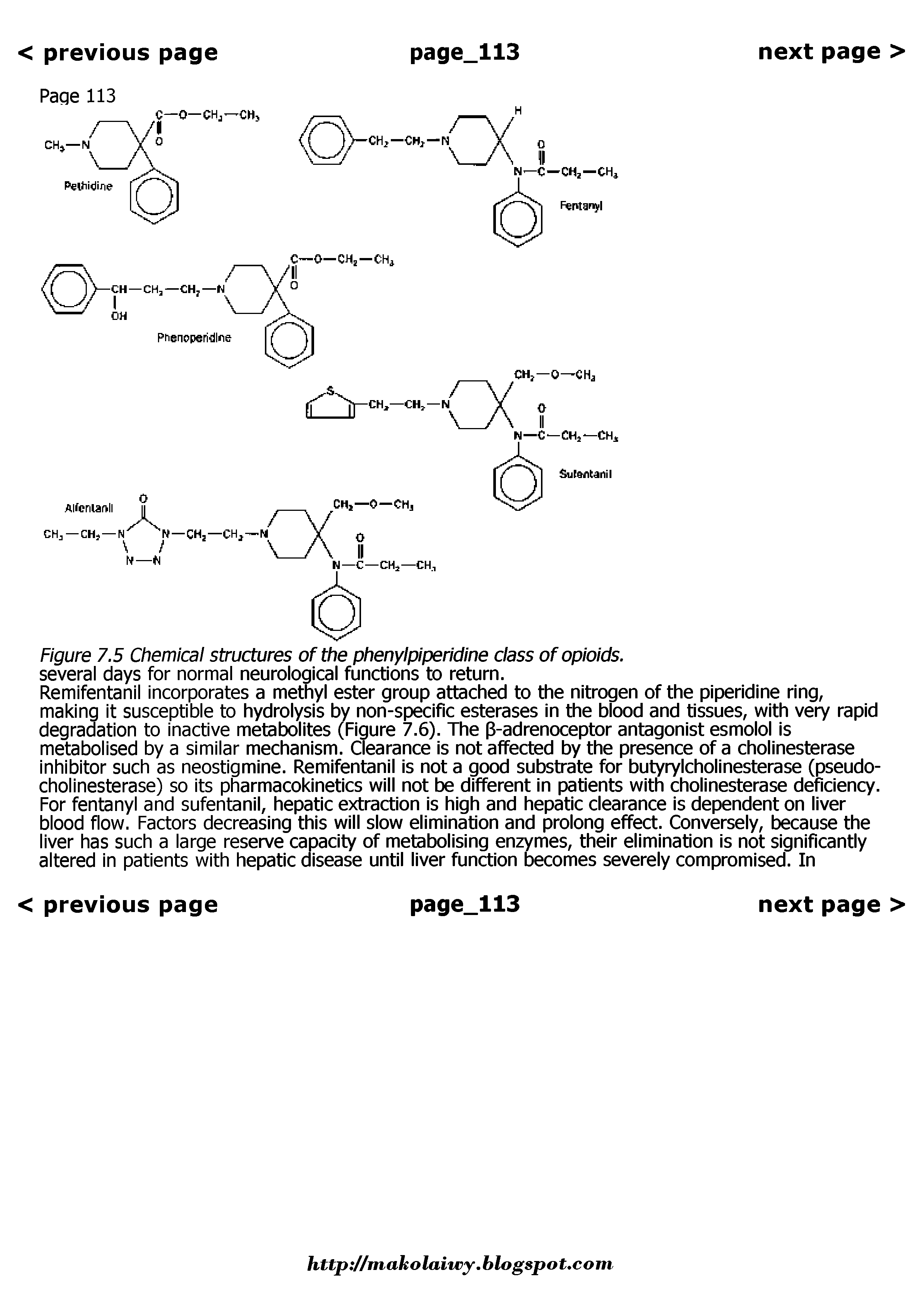 Figure 7.5 Chemical structures of the phenylpiperidine class of opioids. several days for normal neurological functions to return.