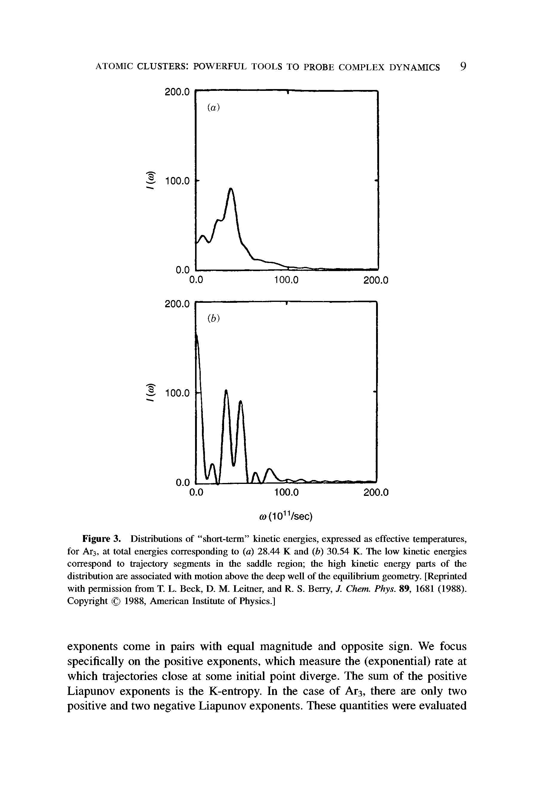 Figure 3. Distributions of short-term kinetic energies, expressed as effective temperatures, for Ar3, at total energies corresponding to (a) 28.44 K and (b) 30.54 K. The low kinetic energies correspond to trajectory segments in the saddle region the high kinetic energy parts of the distribution are associated with motion above the deep well of the equilibrium geometry. [Reprinted with permission from T. L. Beck, D. M. Leitner, and R. S. Berry, J. Chem. Phys. 89, 1681 (1988). Copyright 1988, American Institute of Physics.]...