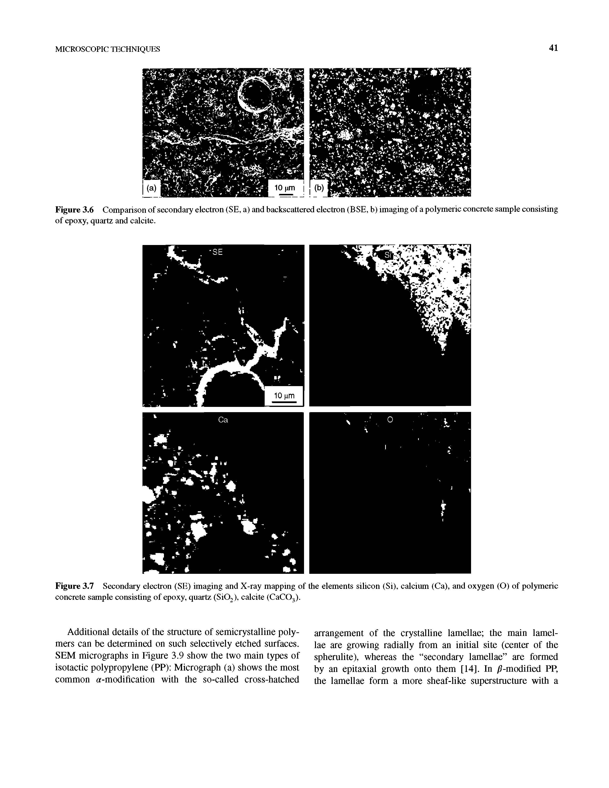Figure 3.6 Comparison of secondary electron (SE, a) and backscattered electron (BSE, b) imaging of a polymeric concrete sample consisting of epoxy, quartz and calcite.