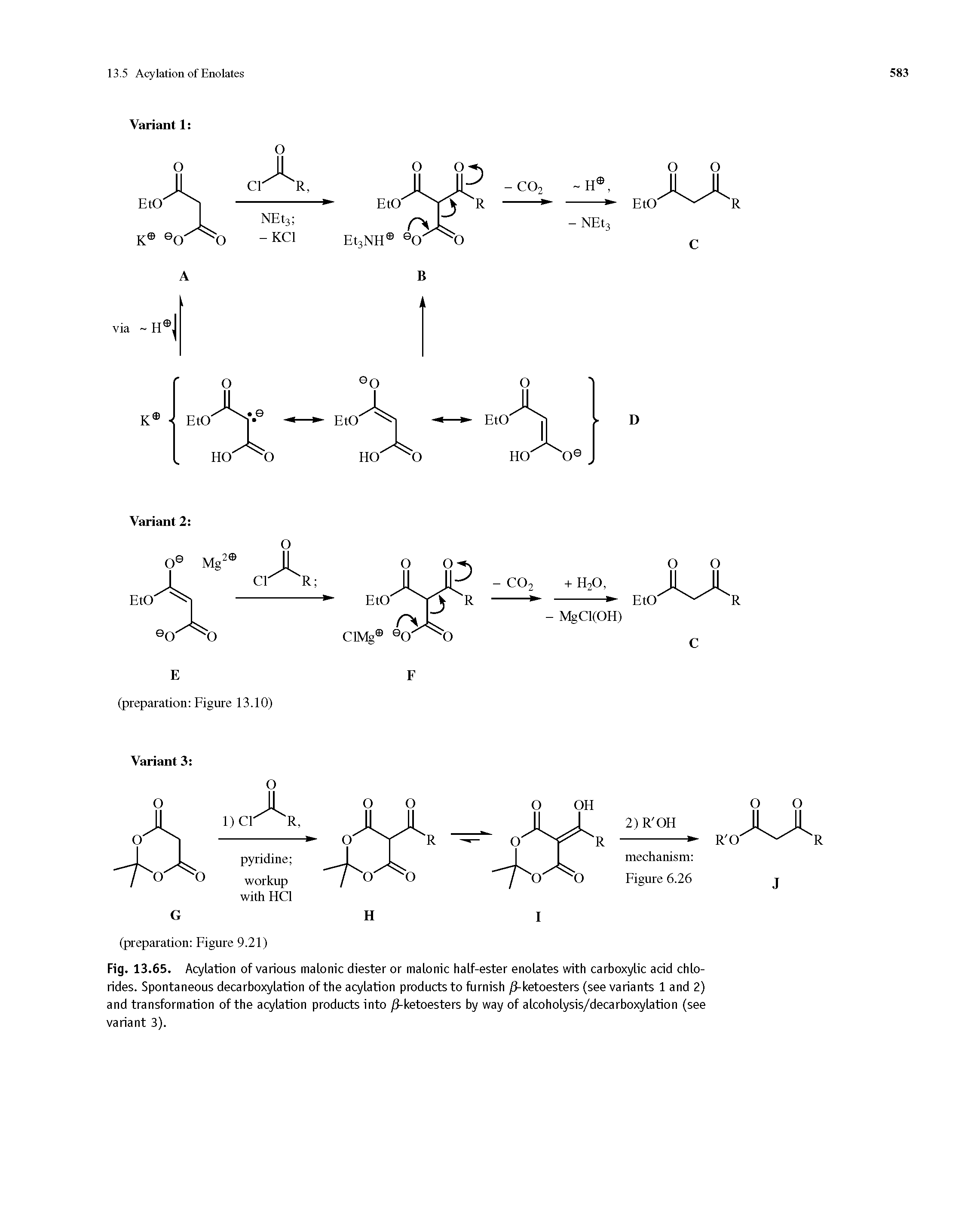 Fig. 13.65. Acylation of various malonic diester or malonic half-ester enolates with carboxylic acid chlorides. Spontaneous decarboxylation of the acylation products to furnish /3-ketoesters (see variants 1 and 2) and transformation of the acylation products into /3-ketoesters by way of alcoholysis/decarboxylation (see variant 3).