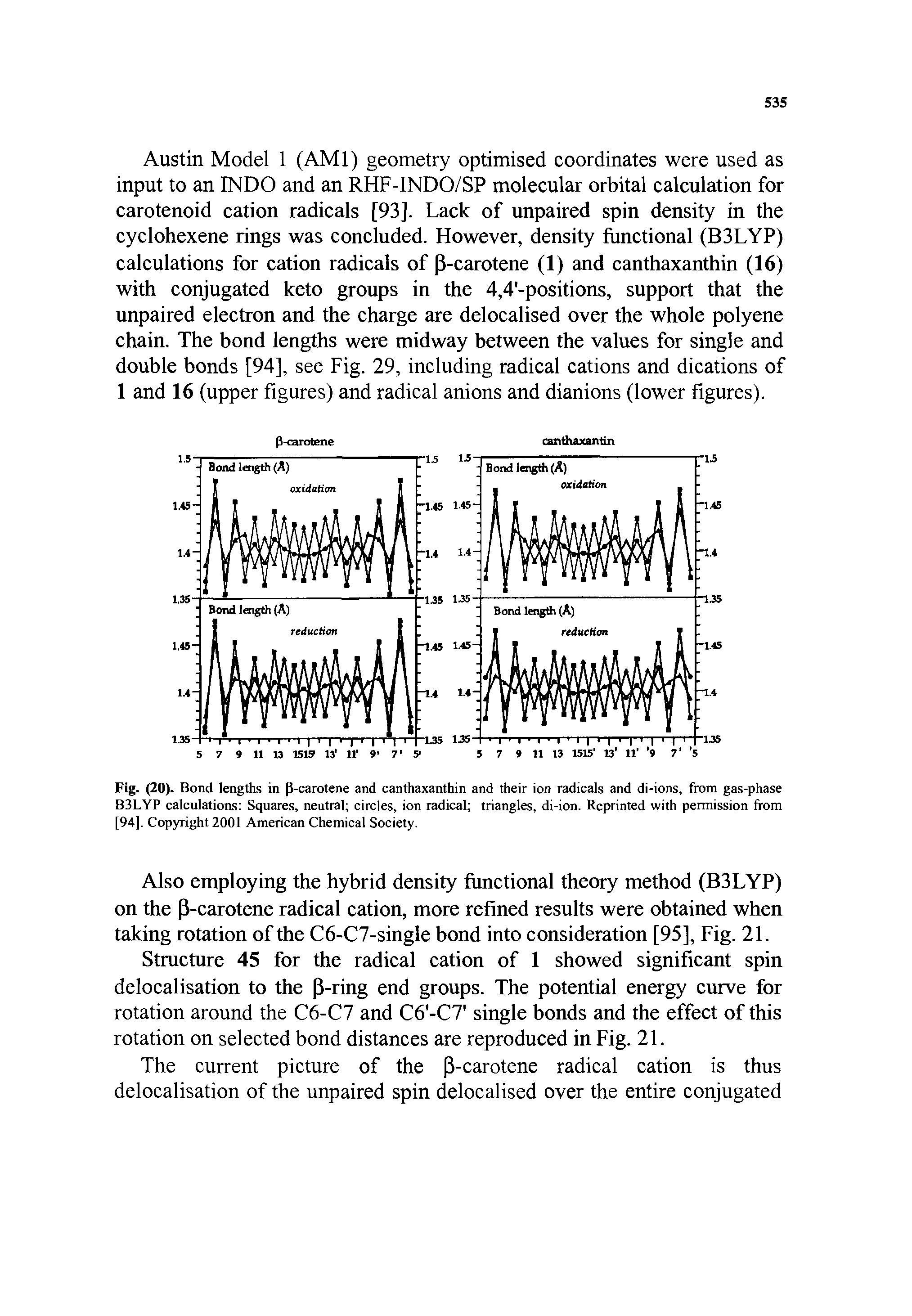 Fig. (20). Bond lengths in P-carotene and canthaxanthin and their ion radicals and di-ions, from gas-phase B3LYP calculations Squares, neutral circles, ion radical triangles, di-ion. Reprinted with permission from [94]. Copyright 2001 American Chemical Society.